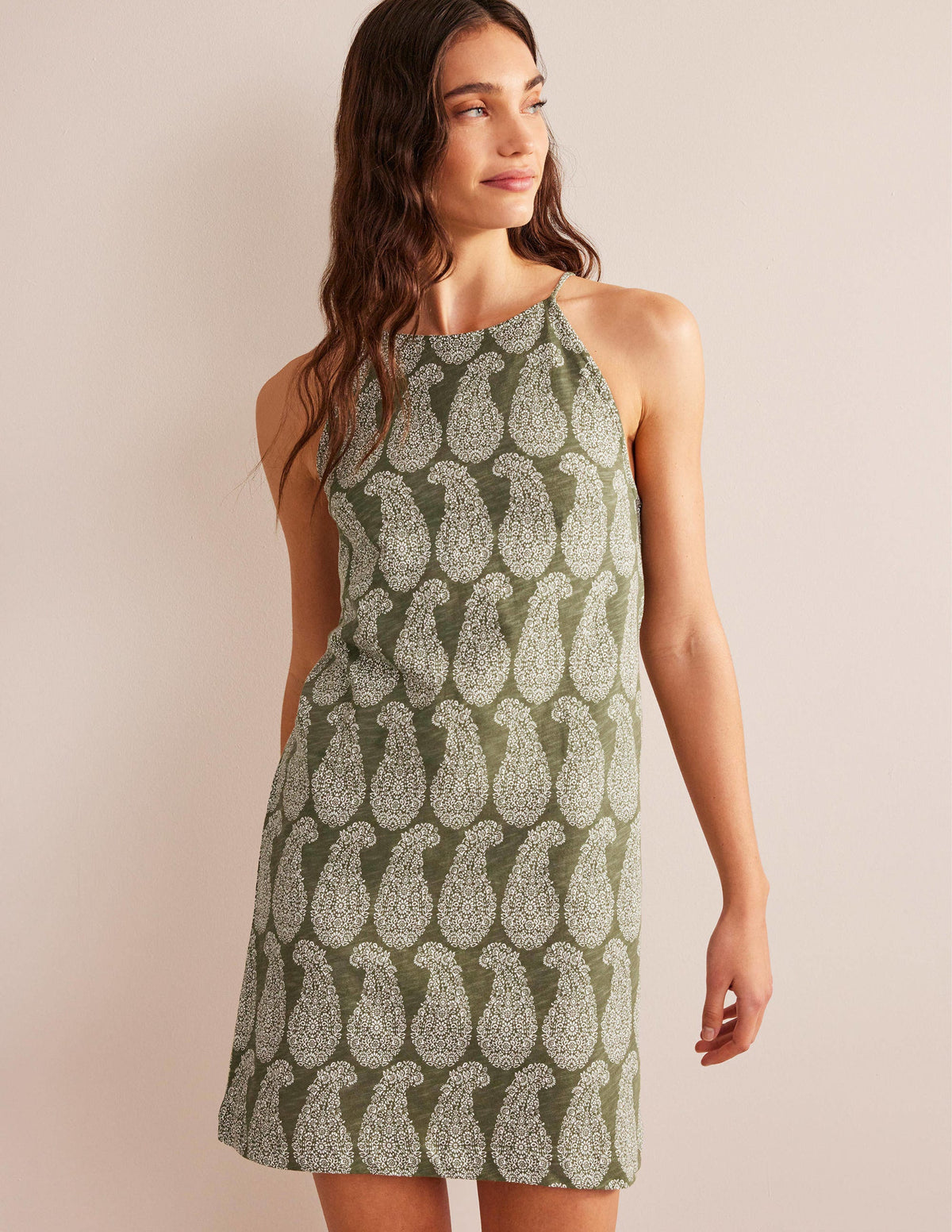 Racer Neck Jersey Mini Dress-Spruce, Sweet Paisley - Image 1
