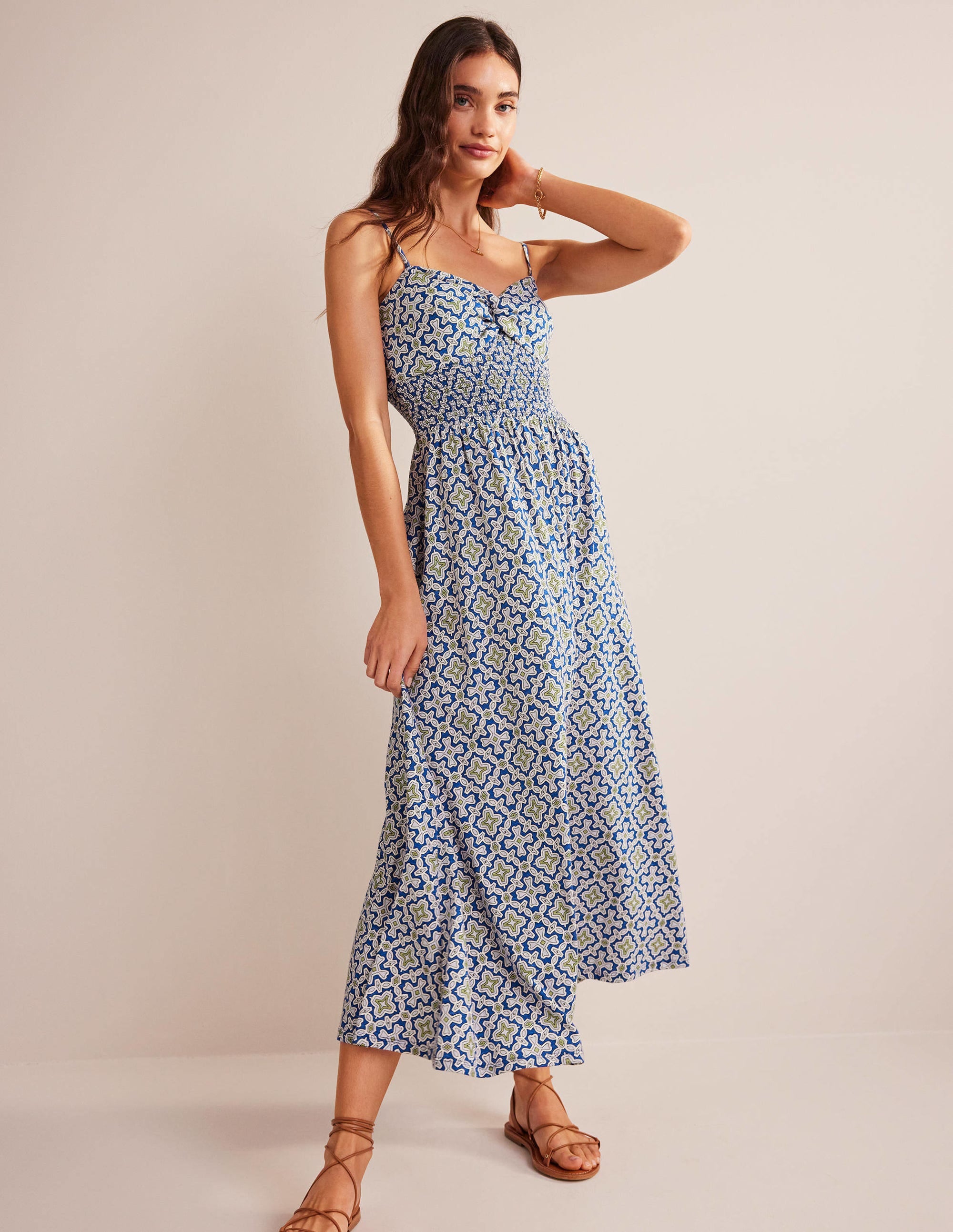 Twist Front Jersey Midi Dress-Blue Heron, Flora Tile - Image 1