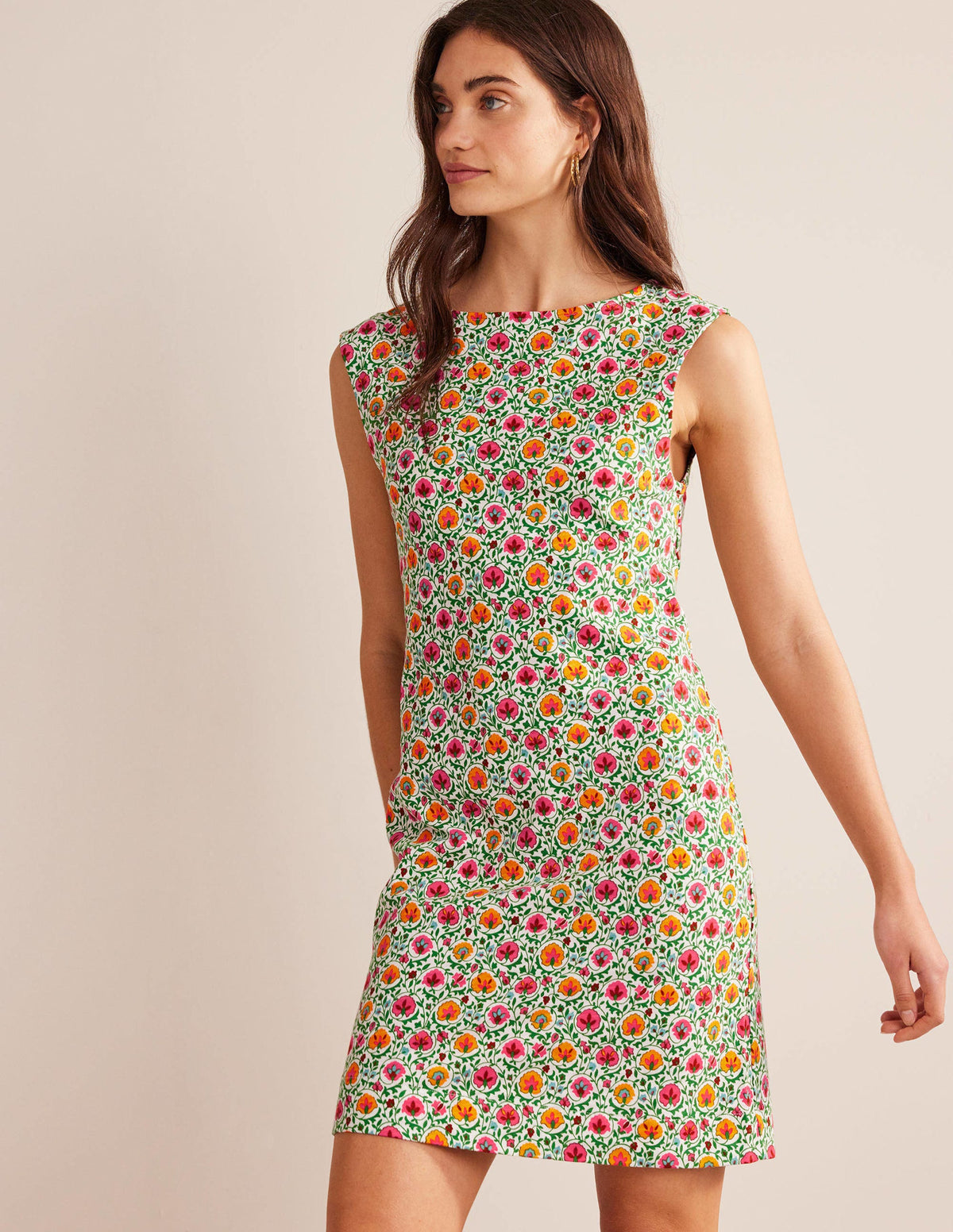 Sleeveless Jersey Shift Dress-Green, Enchanting Bloom - Image 1
