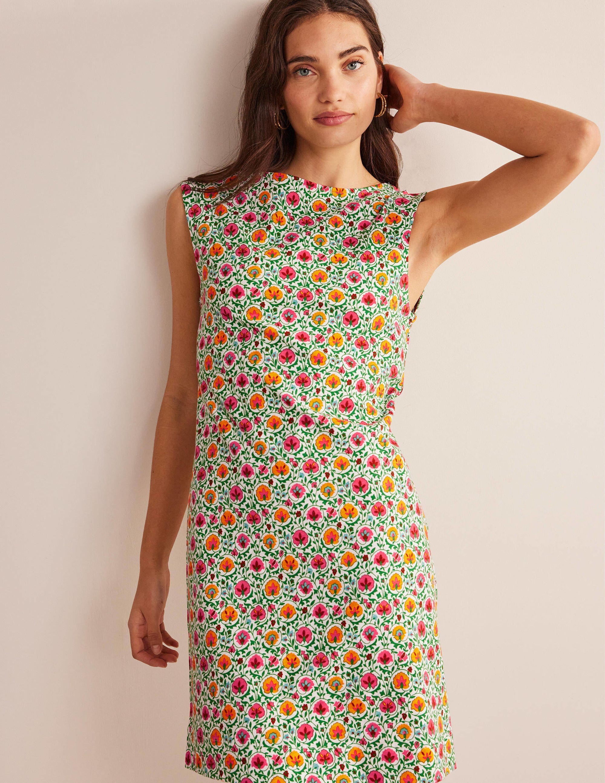 Sleeveless Jersey Shift Dress-Green, Enchanting Bloom - Image 4