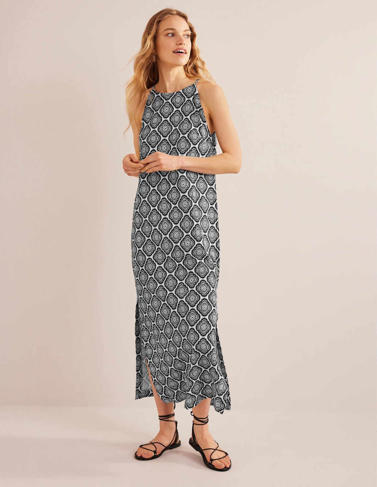 Racer Neck Jersey Midi Dress-Black, Botanic Blush - Image 1