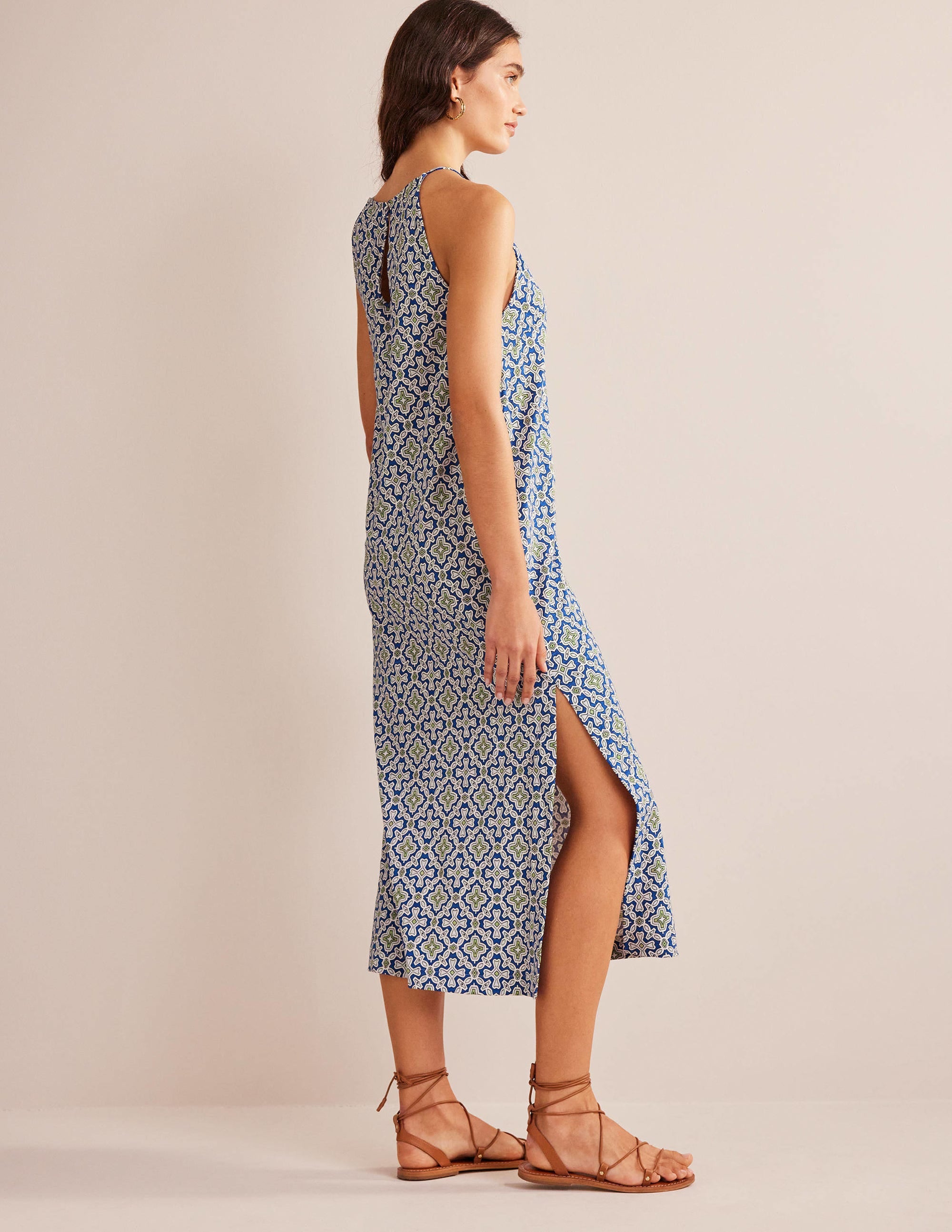 Racer Neck Jersey Midi Dress-Blue Heron, Flora Tile - Image 3