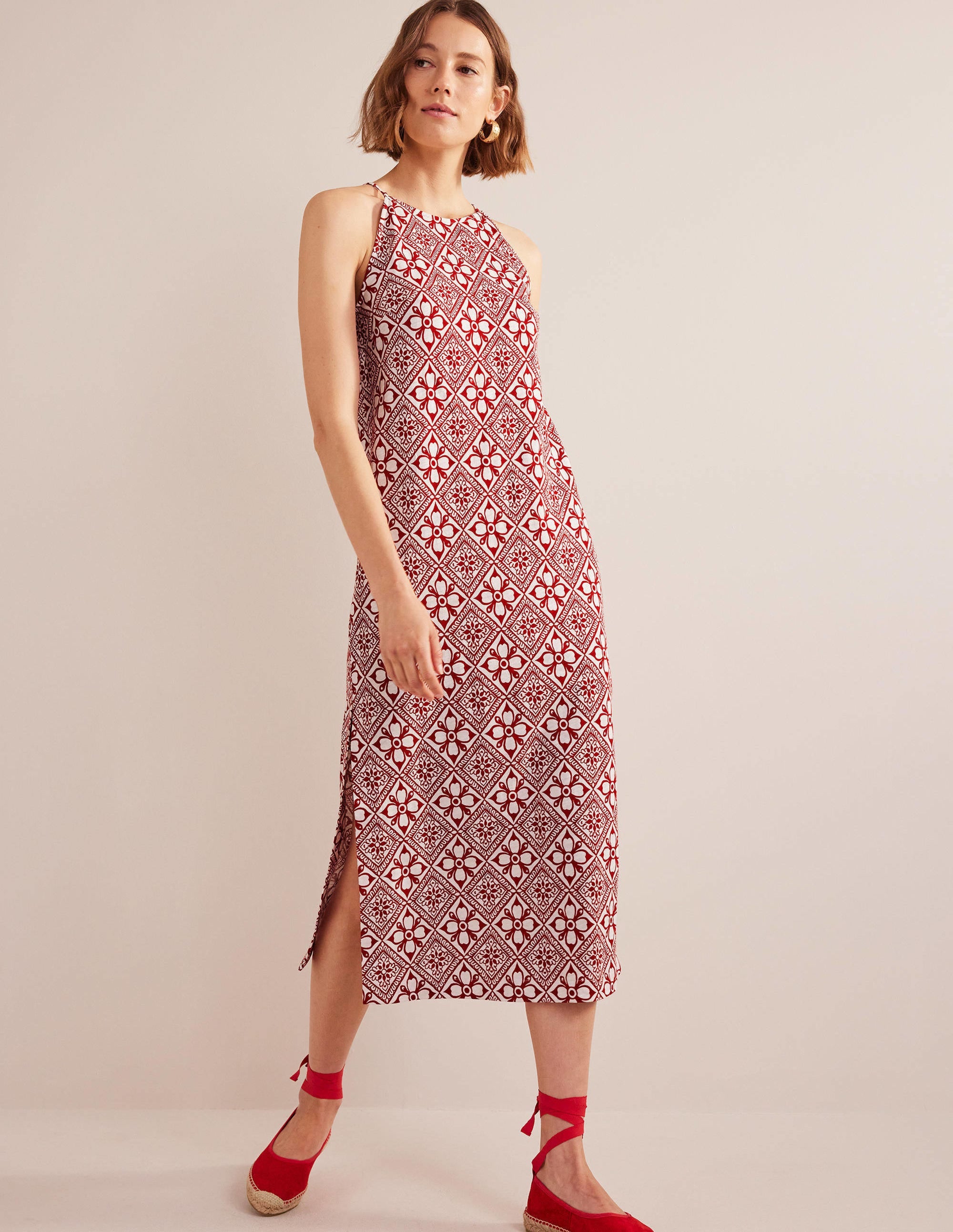 Racer Neck Jersey Midi Dress-Poinsettia, Block Pome - Image 1