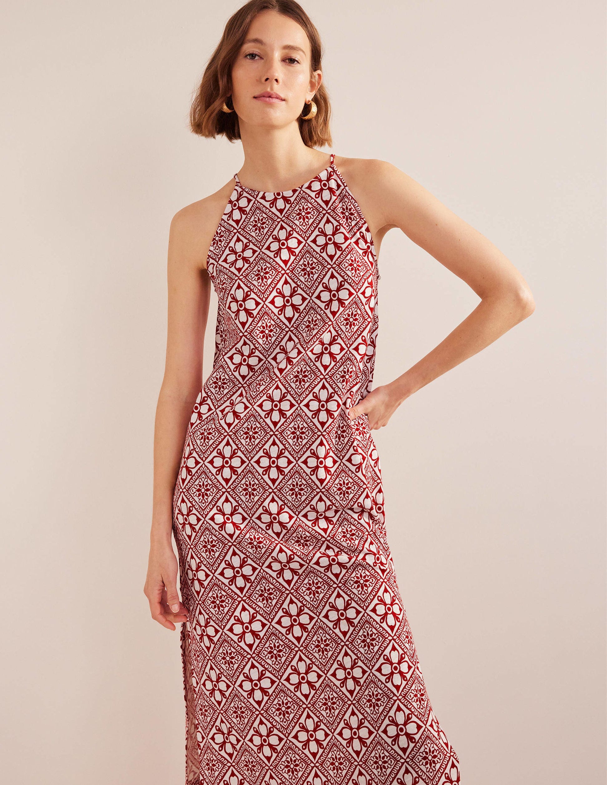 Racer Neck Jersey Midi Dress-Poinsettia, Block Pome-4