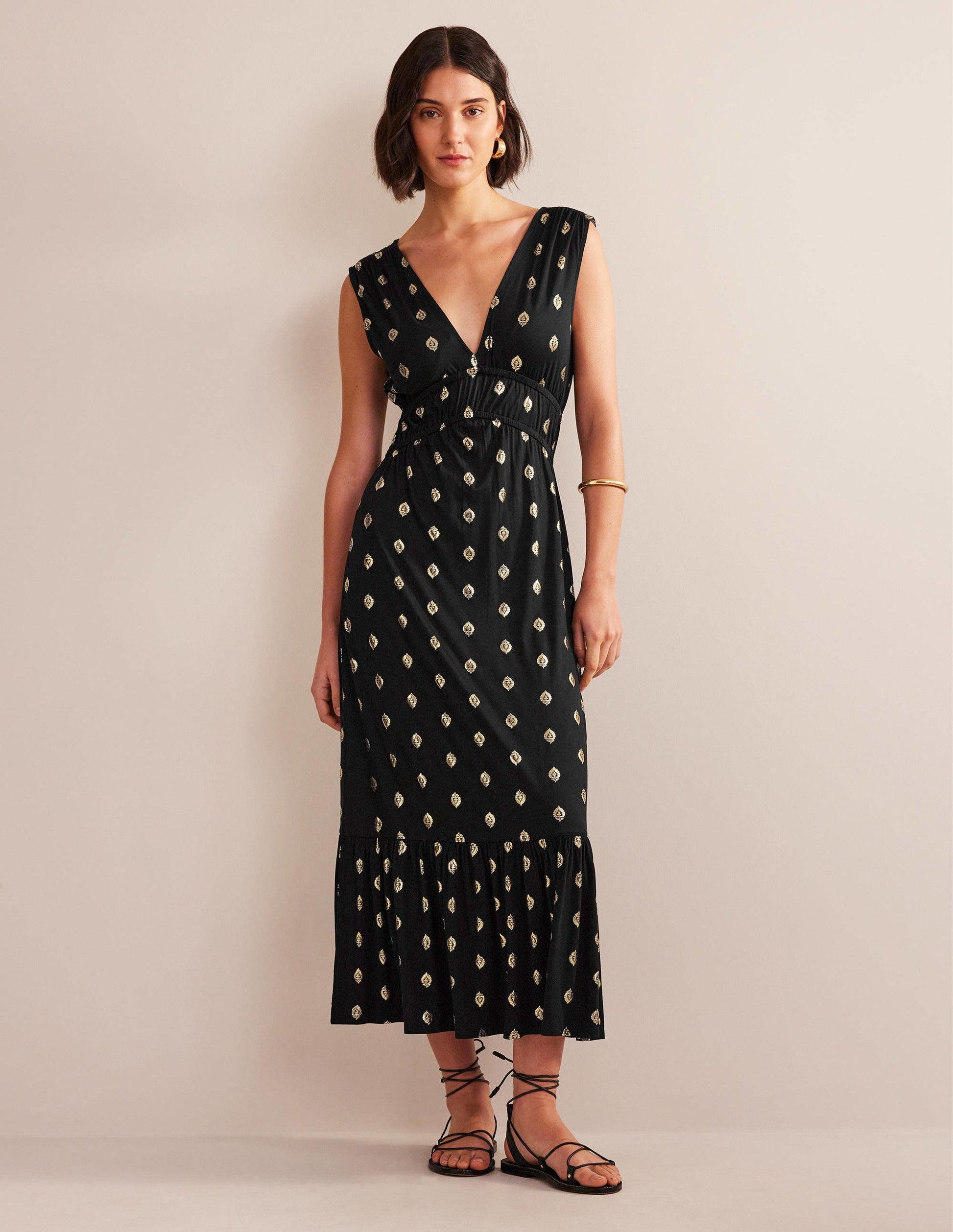 Smocked Jersey Maxi Dress-Black, Tranquil Leaf-5