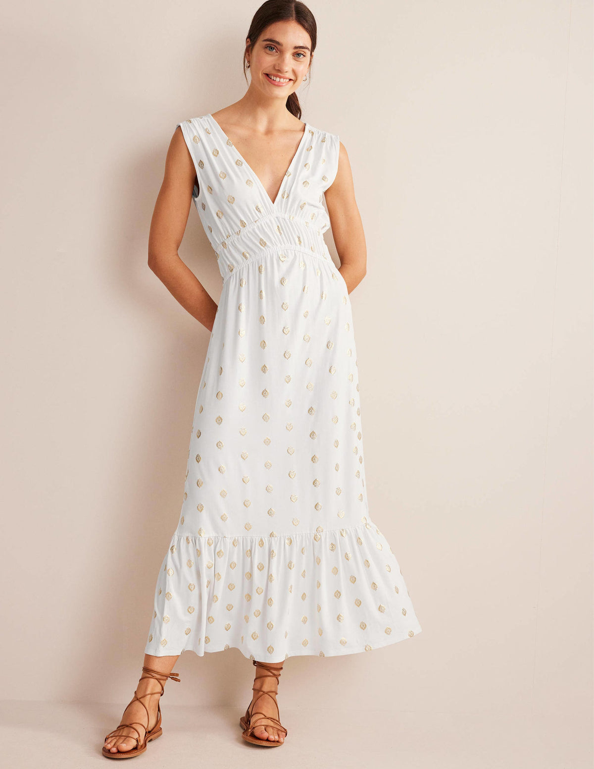 Smocked Jersey Maxi Dress-White, Tranquil Leaf-1