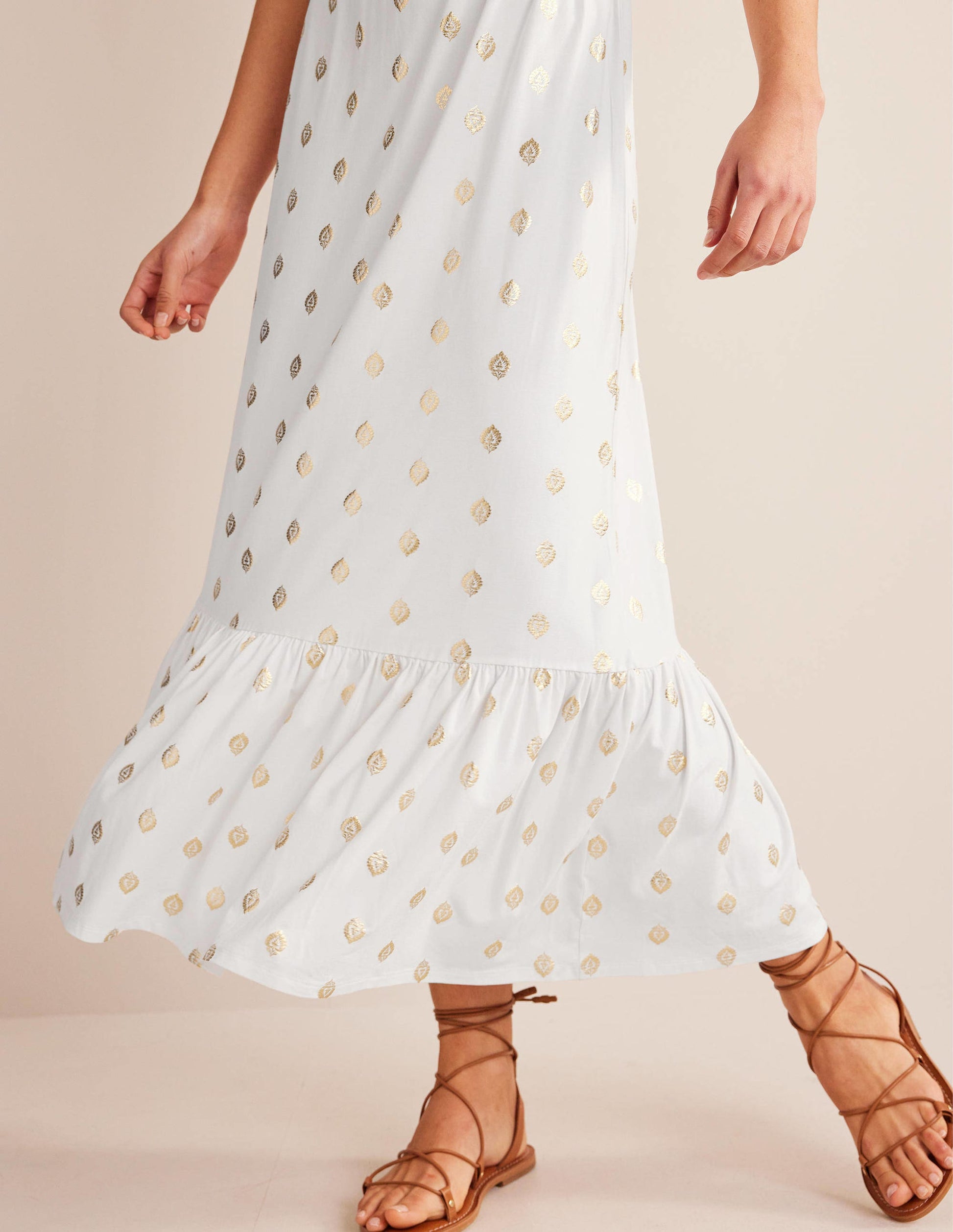 Smocked Jersey Maxi Dress-White, Tranquil Leaf-4