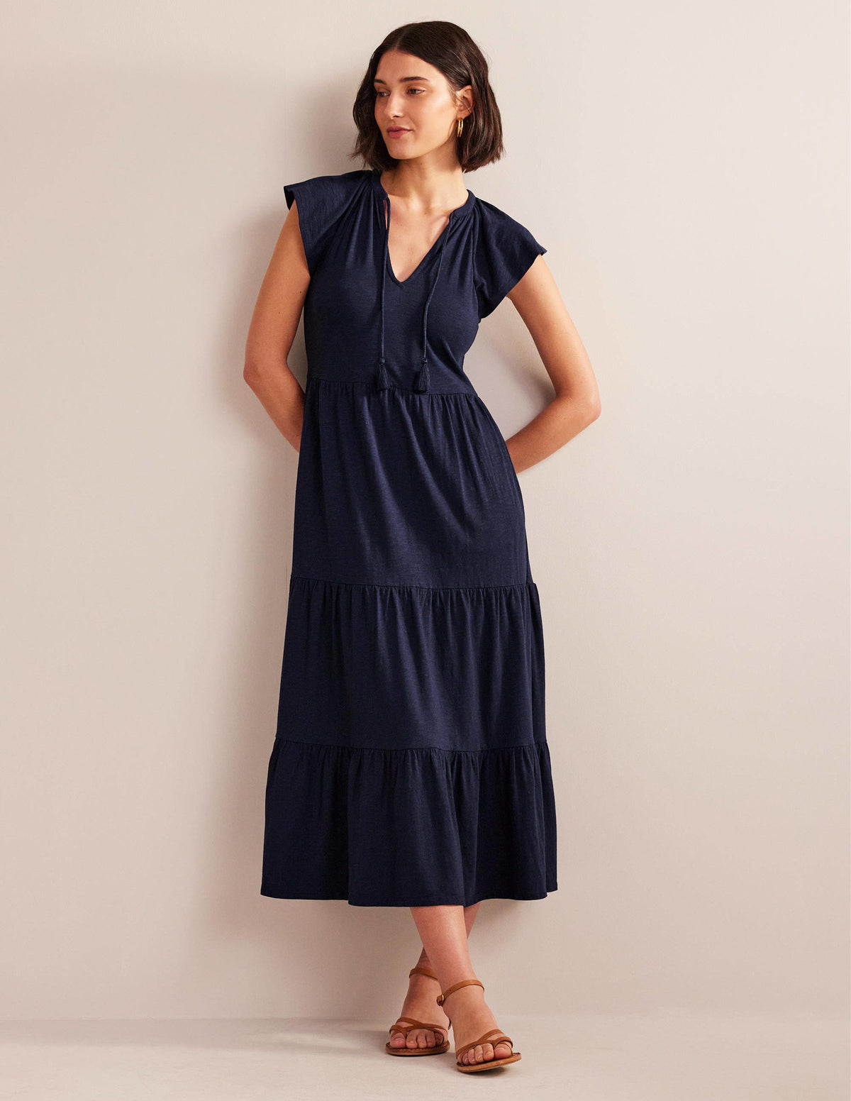 Tiered Jersey Midi Dress-Navy-1