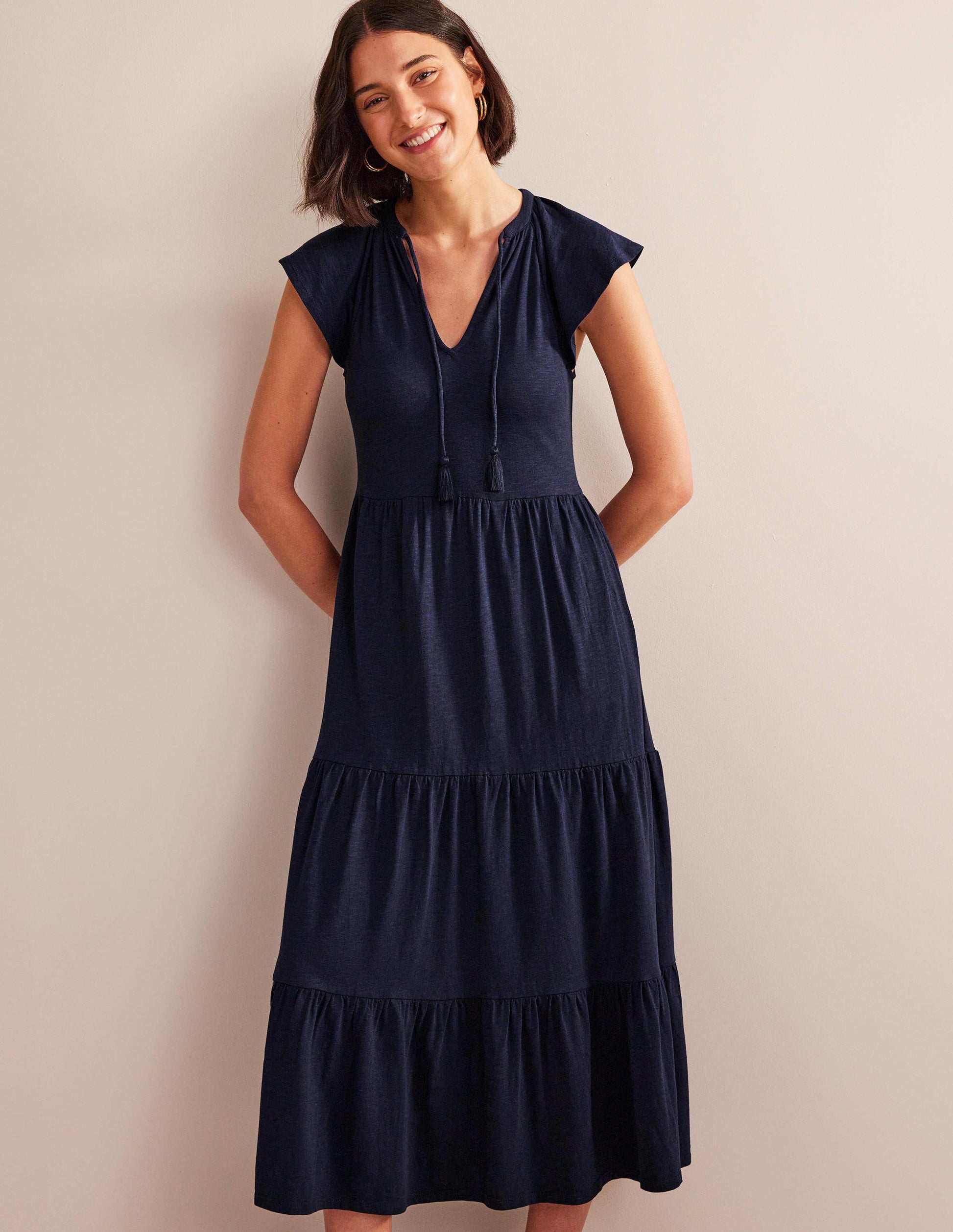 Tiered Jersey Midi Dress-Navy-4