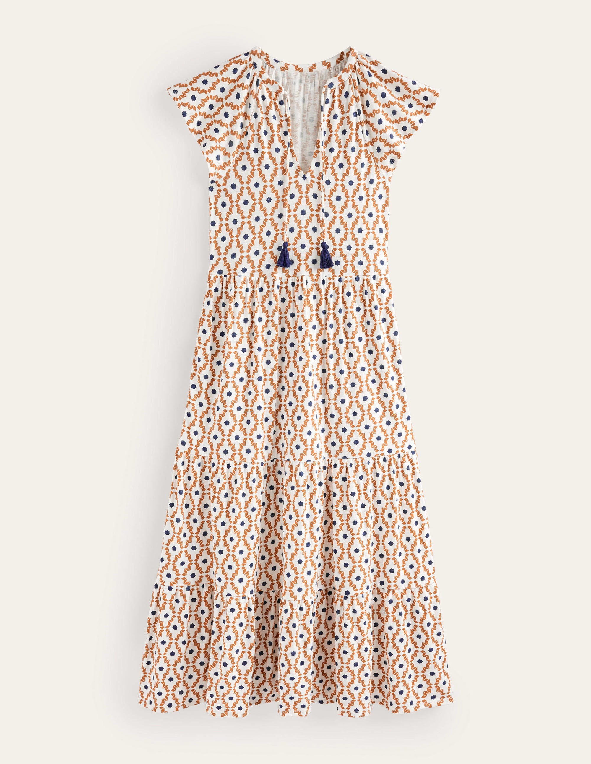 Tiered Jersey Midi Dress-Dorset Cream, Geo Diamond - Image 8