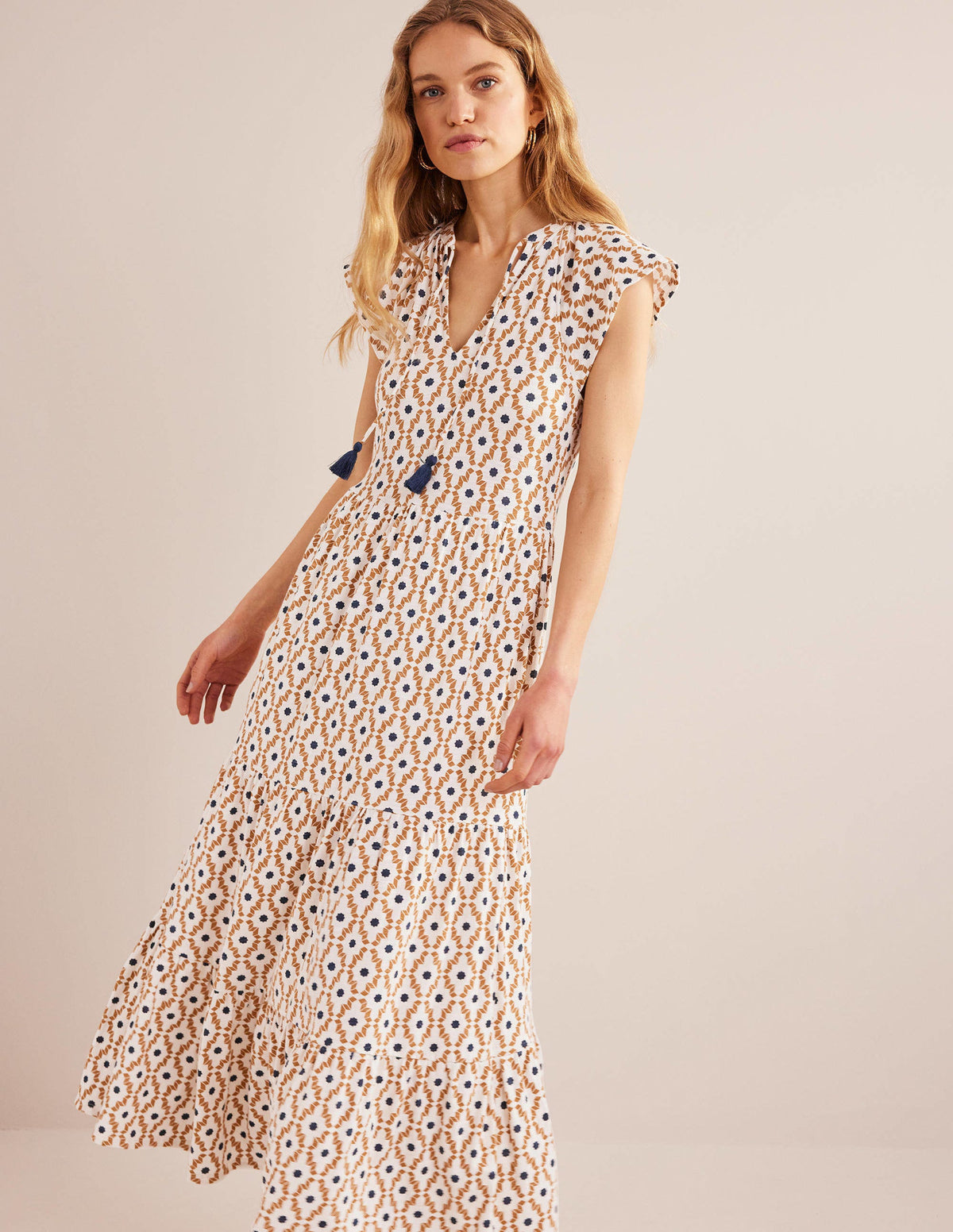 Tiered Jersey Midi Dress-Dorset Cream, Geo Diamond - Image 1