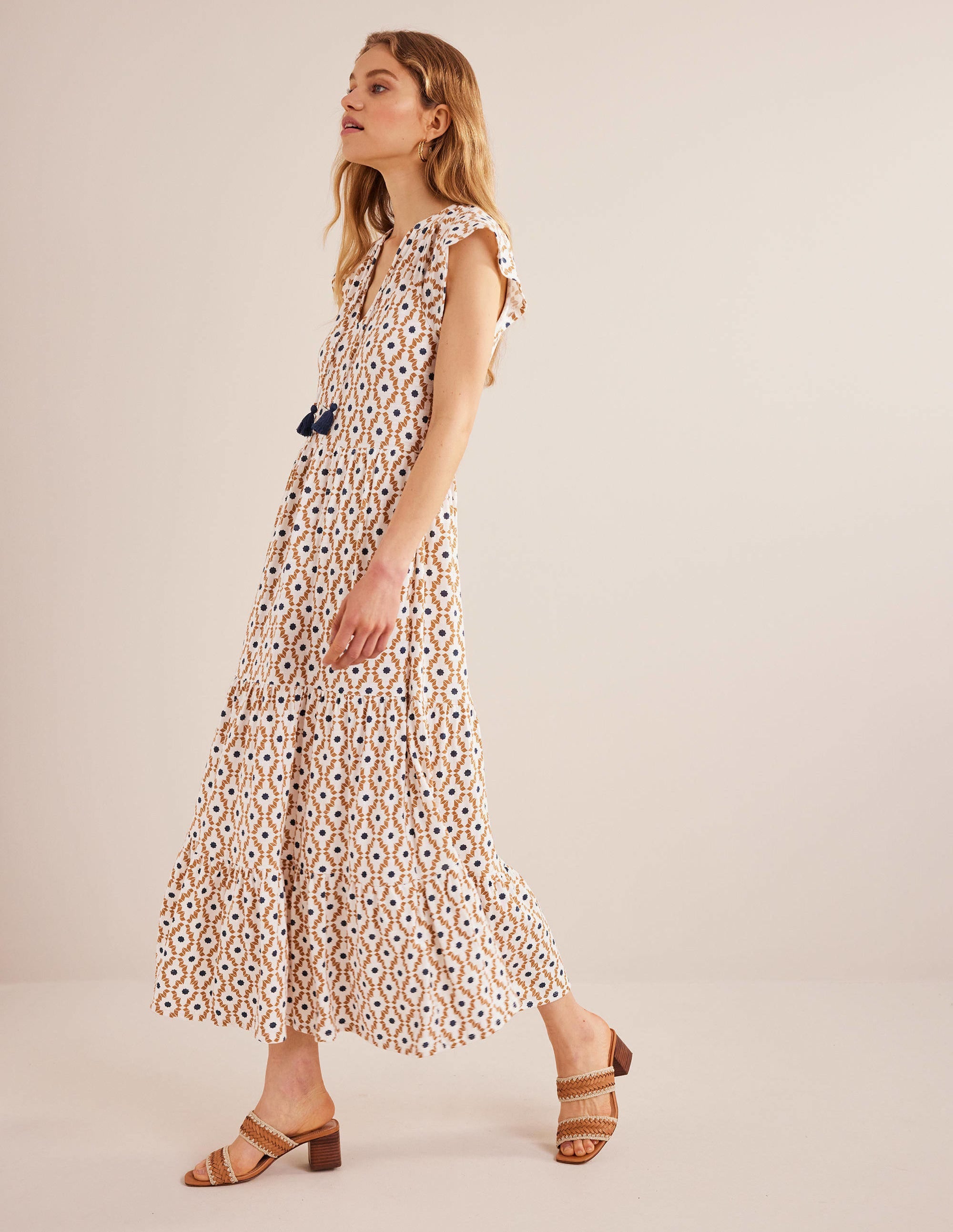 Tiered Jersey Midi Dress-Dorset Cream, Geo Diamond - Image 4