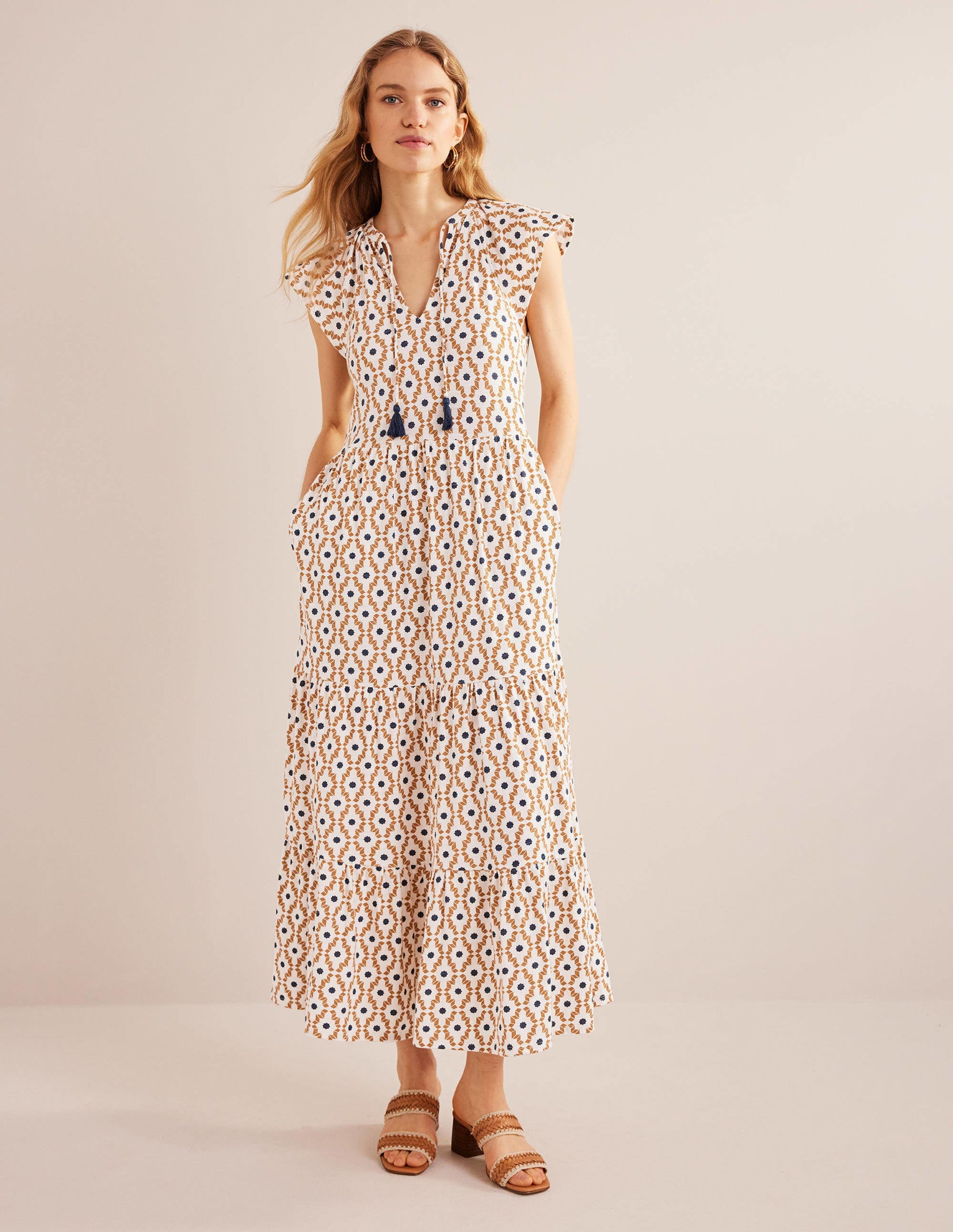 Tiered Jersey Midi Dress-Dorset Cream, Geo Diamond - Image 5