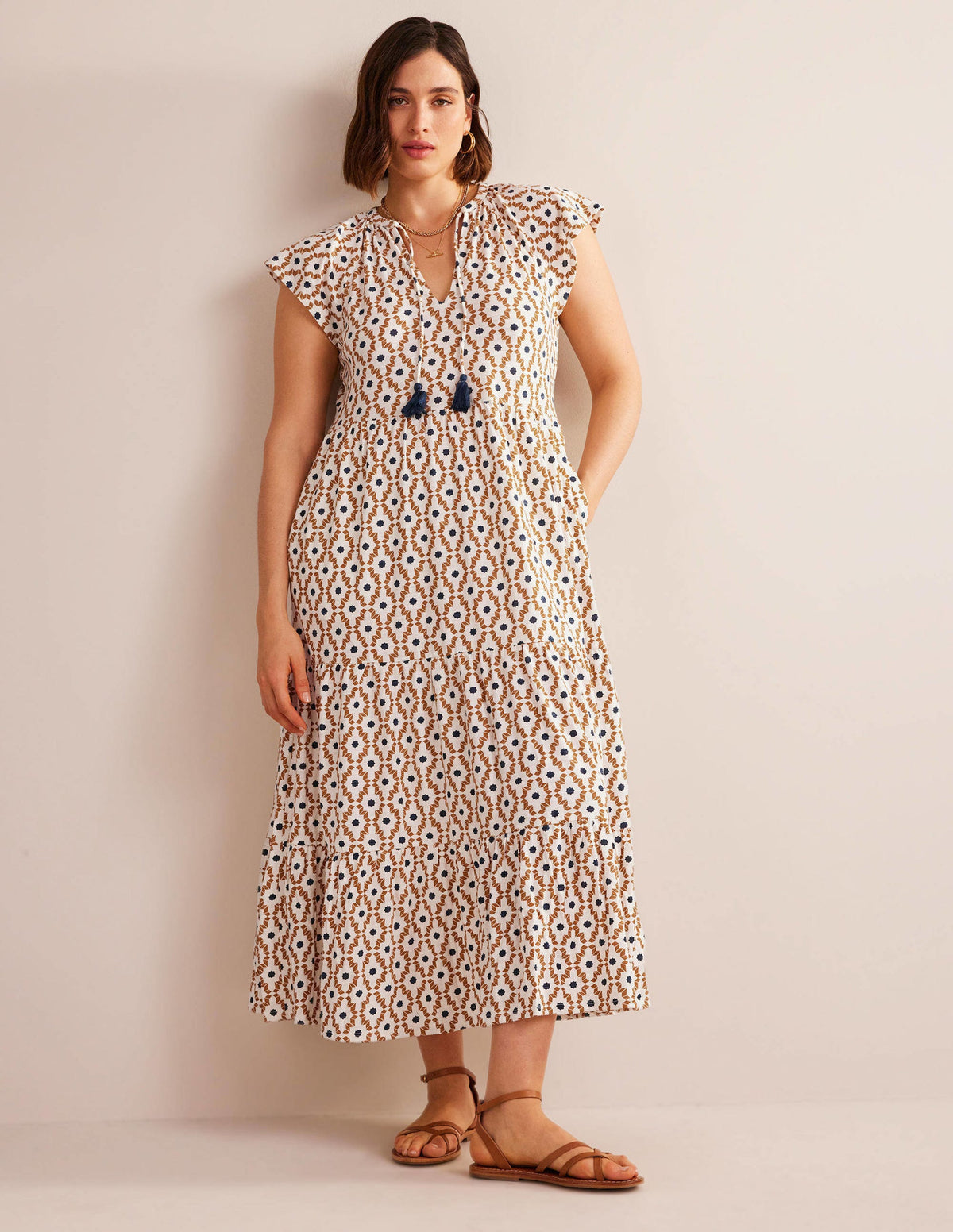 Tiered Jersey Midi Dress-Dorset Cream, Geo Diamond - Image 6