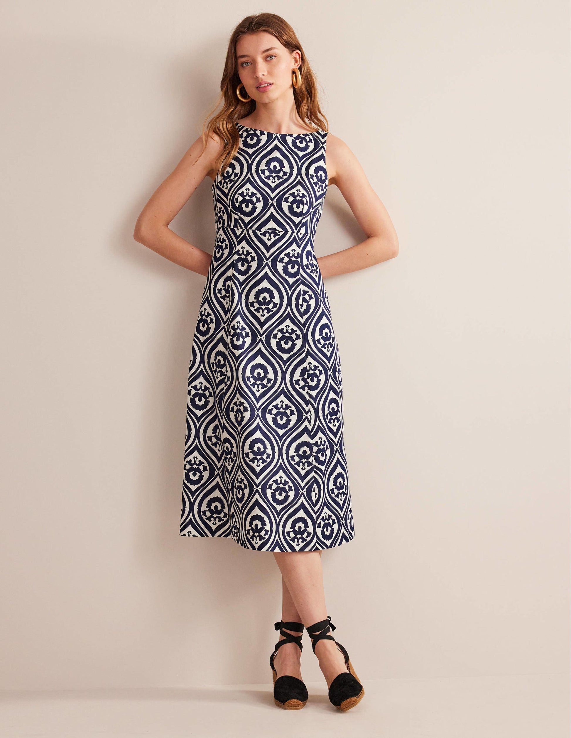 Slash Neck Midi Dress-Navy, Geo Cascade-1