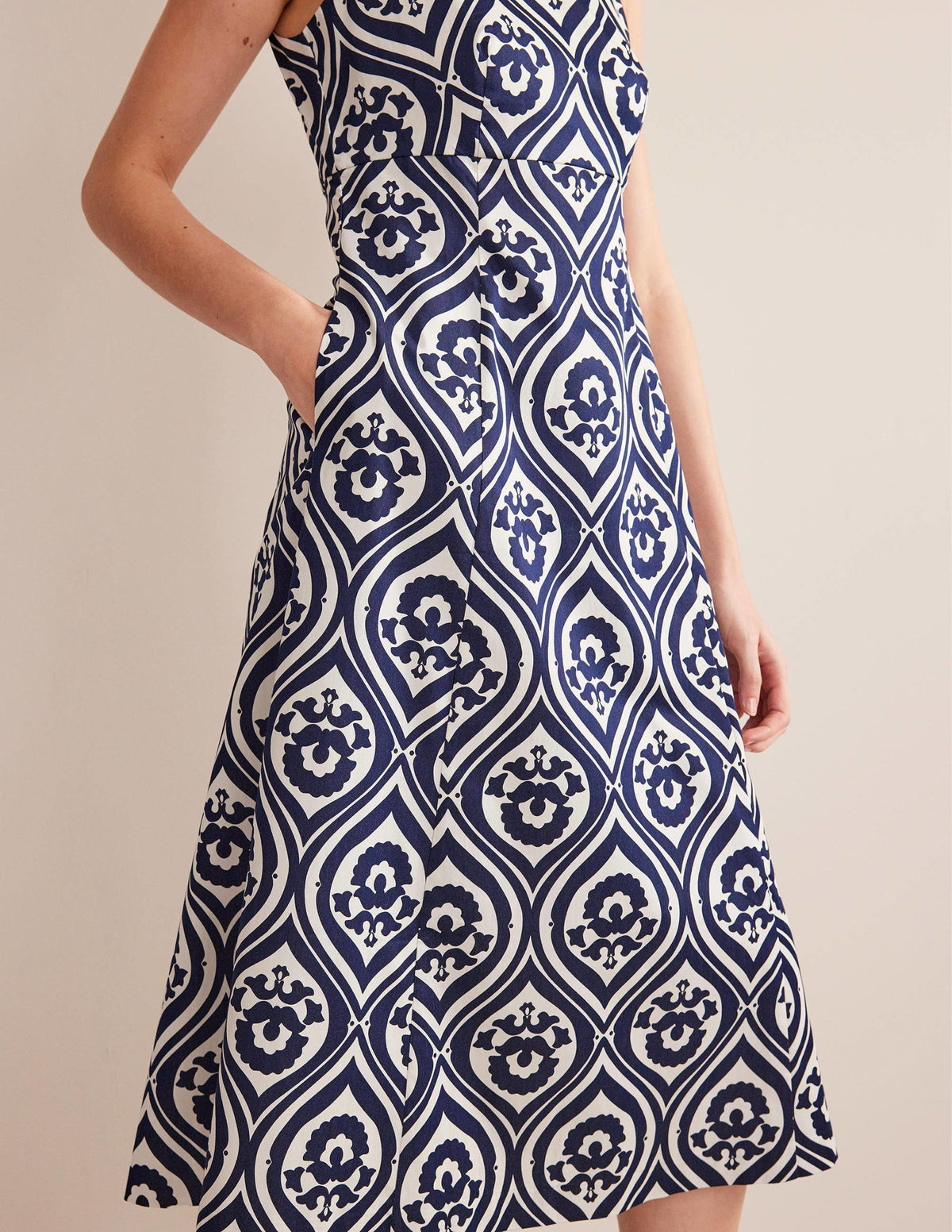 Slash Neck Midi Dress-Navy, Geo Cascade - Image 2