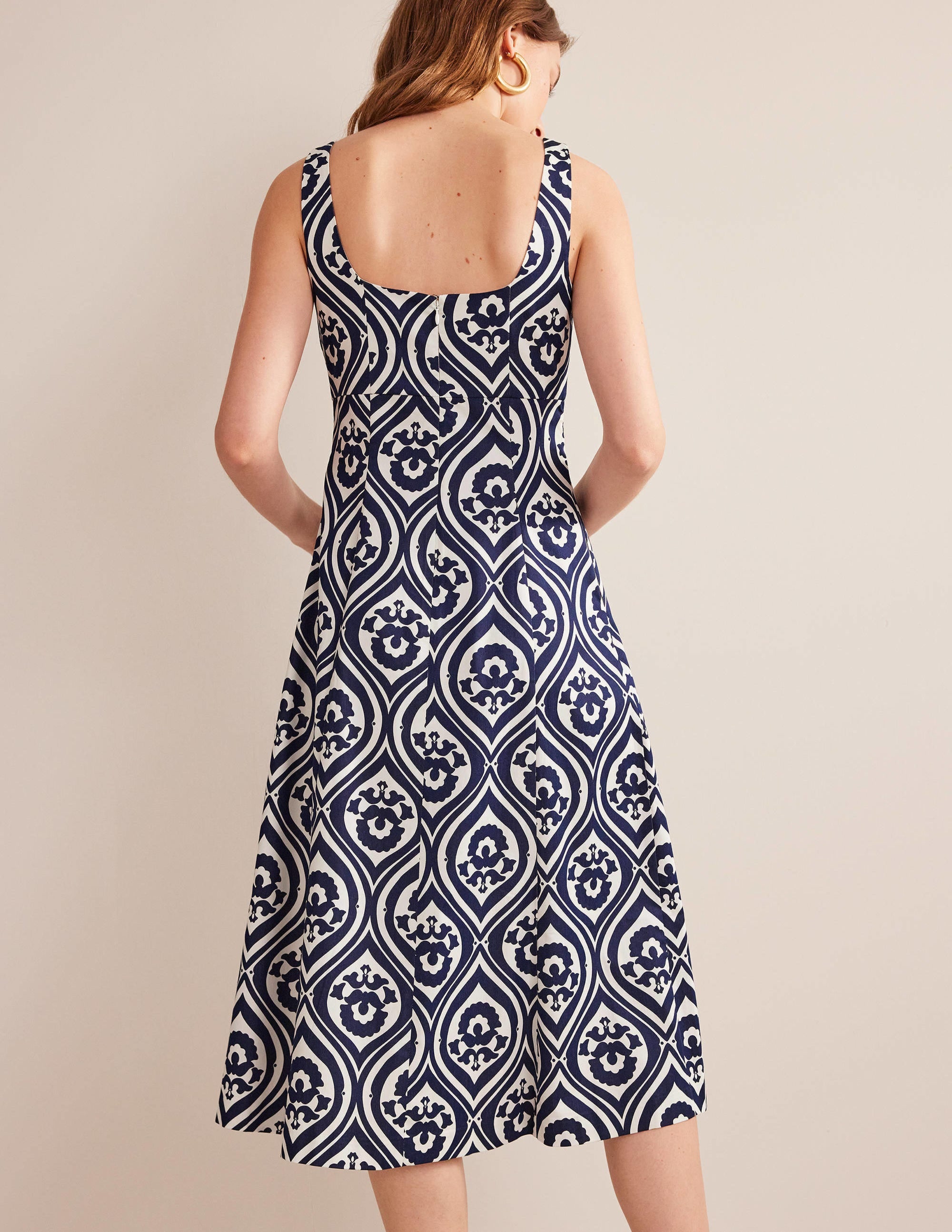 Slash Neck Midi Dress-Navy, Geo Cascade - Image 3