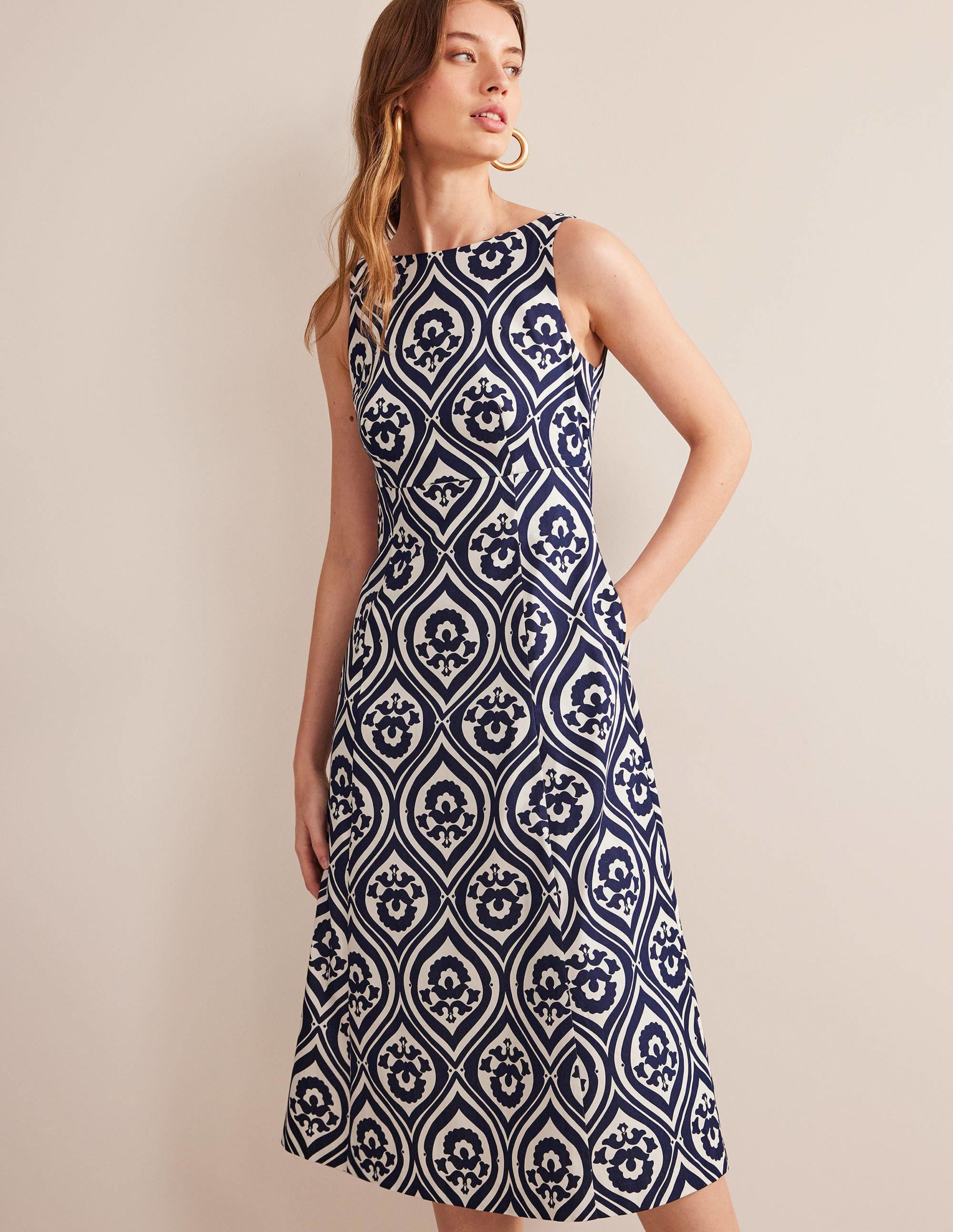 Slash Neck Midi Dress-Navy, Geo Cascade - Image 4