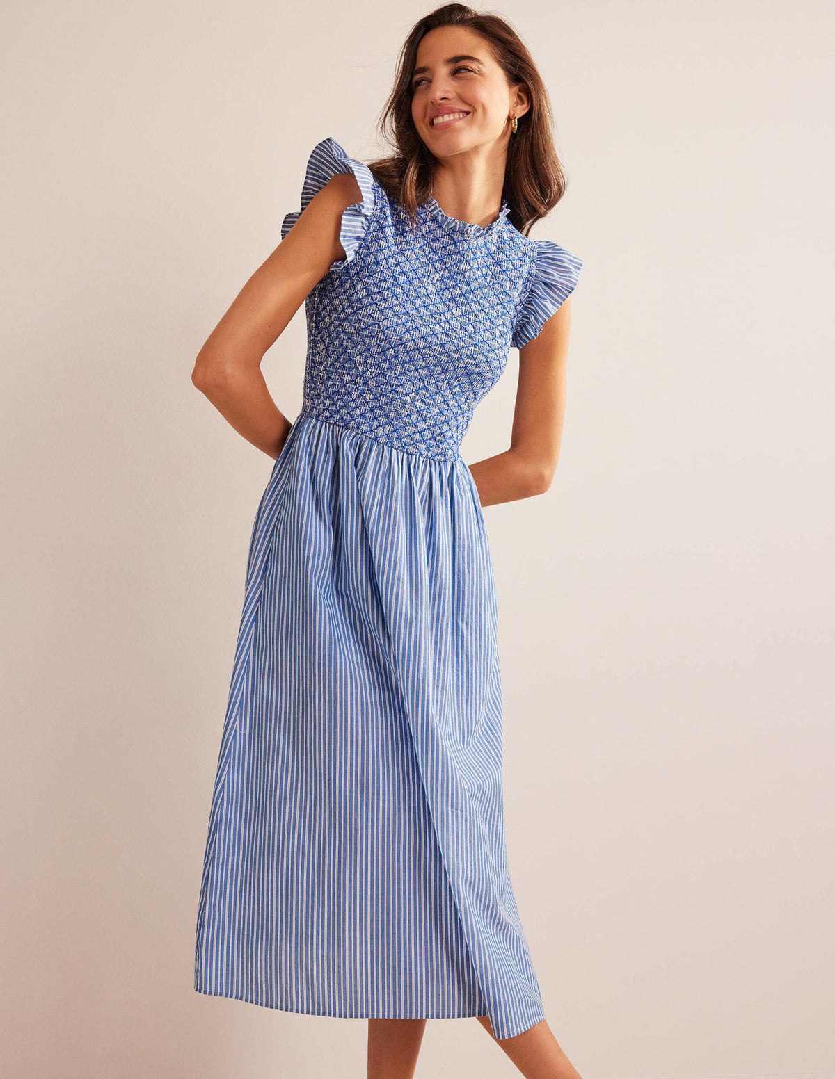 Smocked Stripe Midi Dress-Mid Blue, Leno Stripe-1