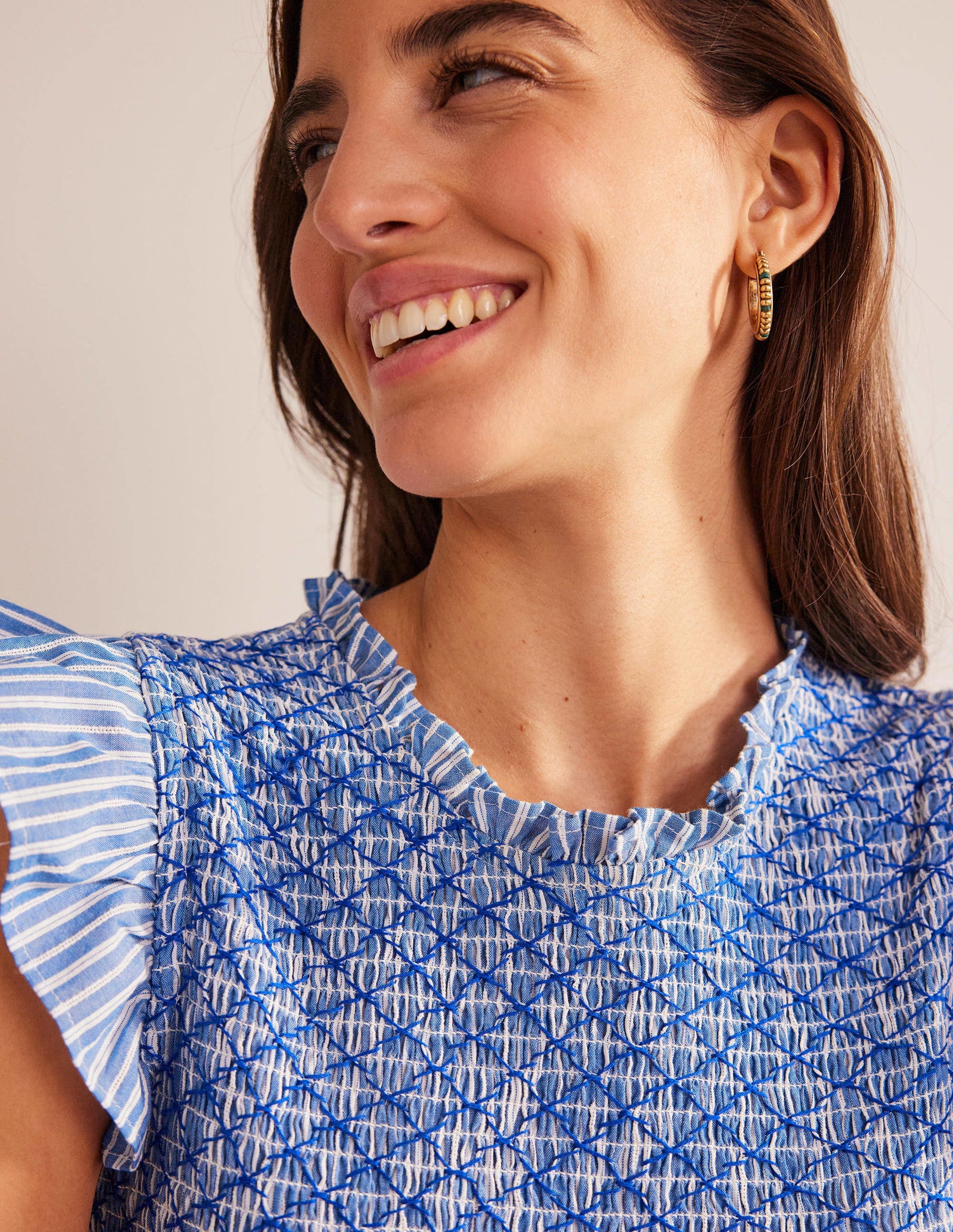 Smocked Stripe Midi Dress-Mid Blue, Leno Stripe-2
