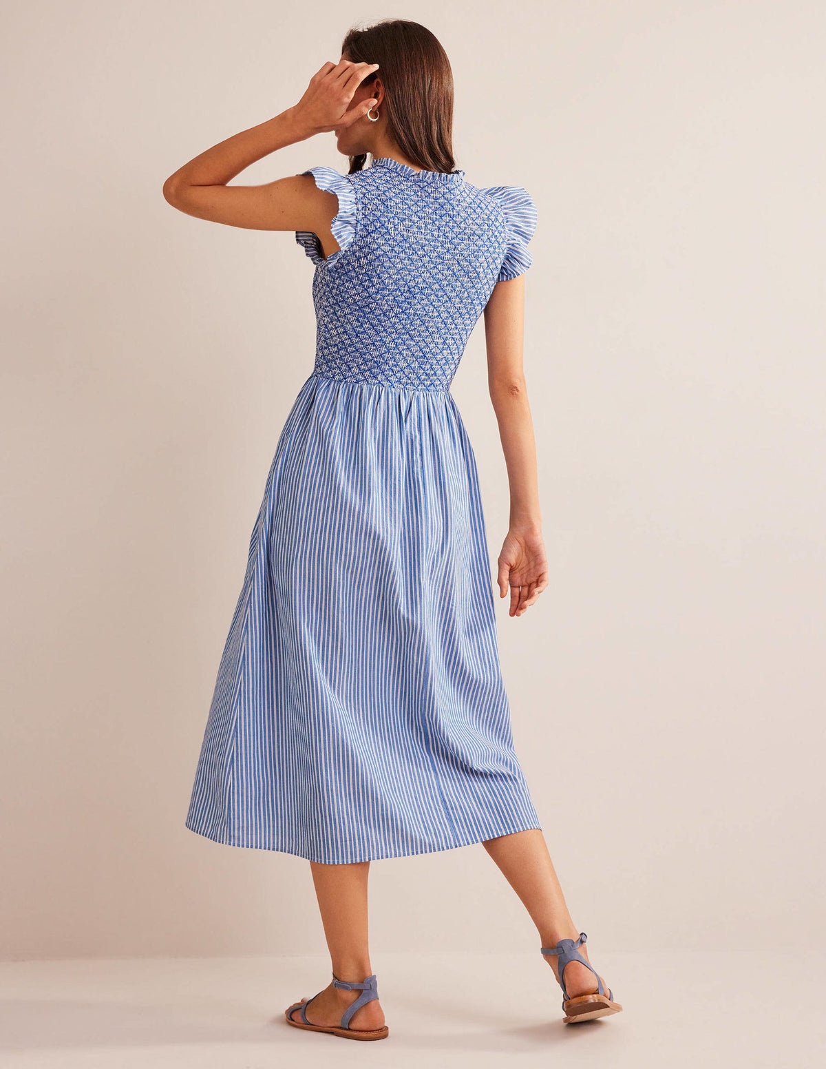 Smocked Stripe Midi Dress-Mid Blue, Leno Stripe-3