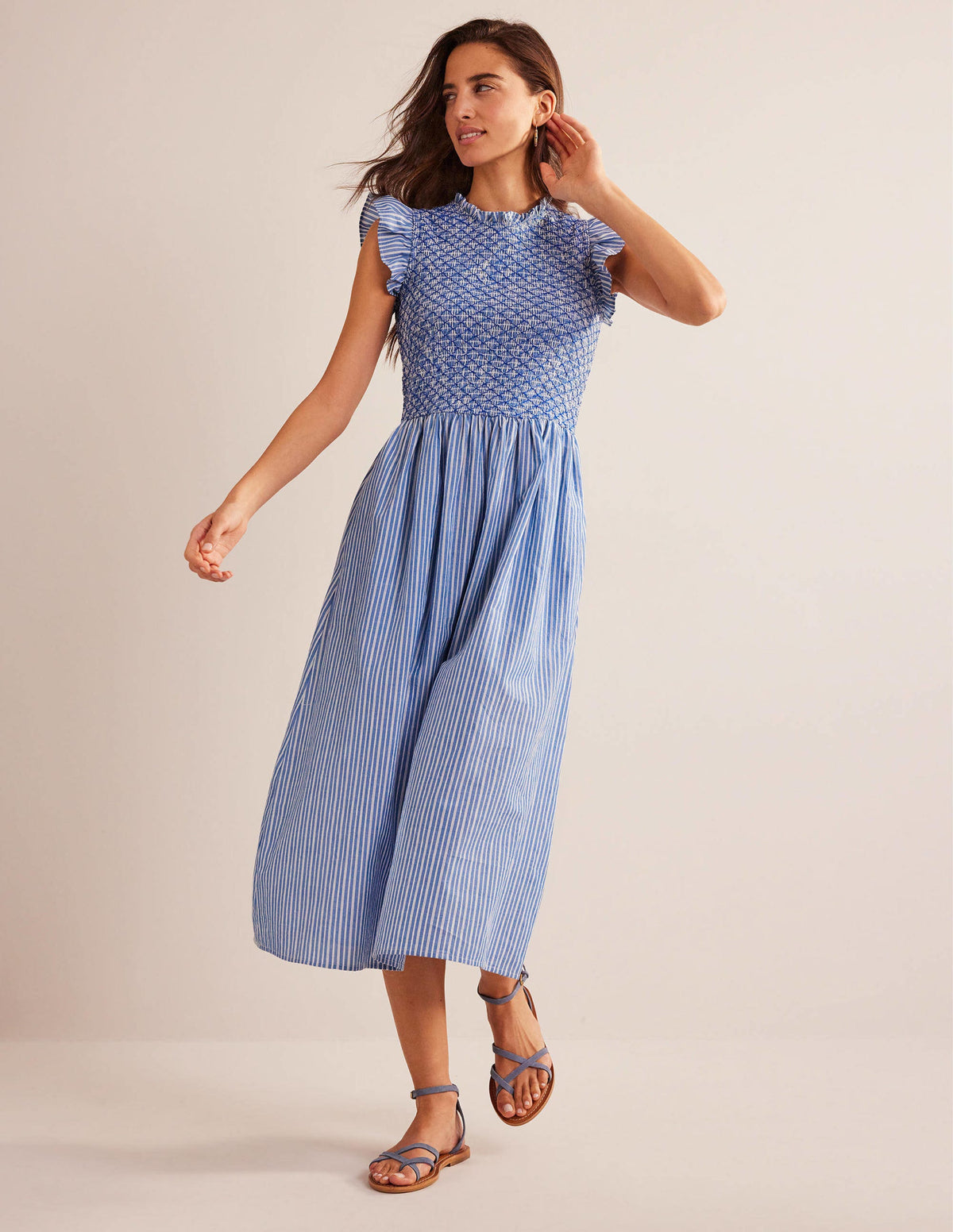 Smocked Stripe Midi Dress-Mid Blue, Leno Stripe-4