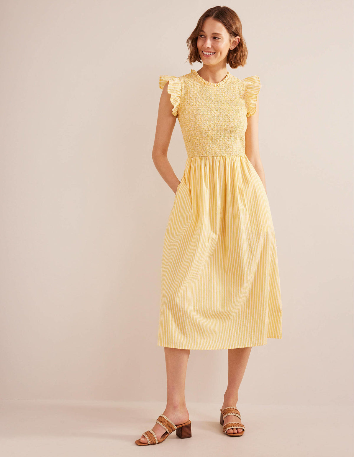 Smocked Stripe Midi Dress-Honeycomb, Leno Stripe-1