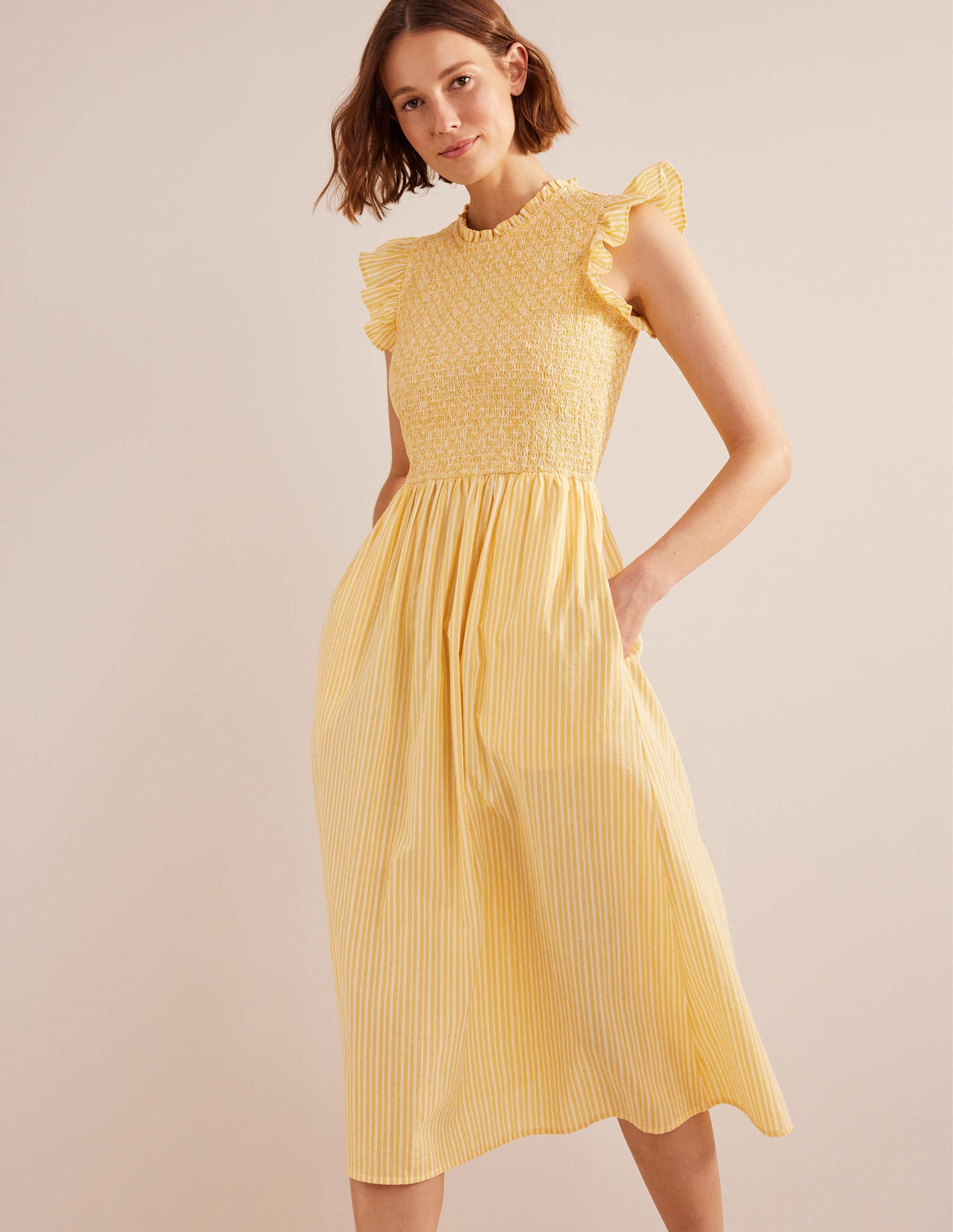 Smocked Stripe Midi Dress-Honeycomb, Leno Stripe - Image 4