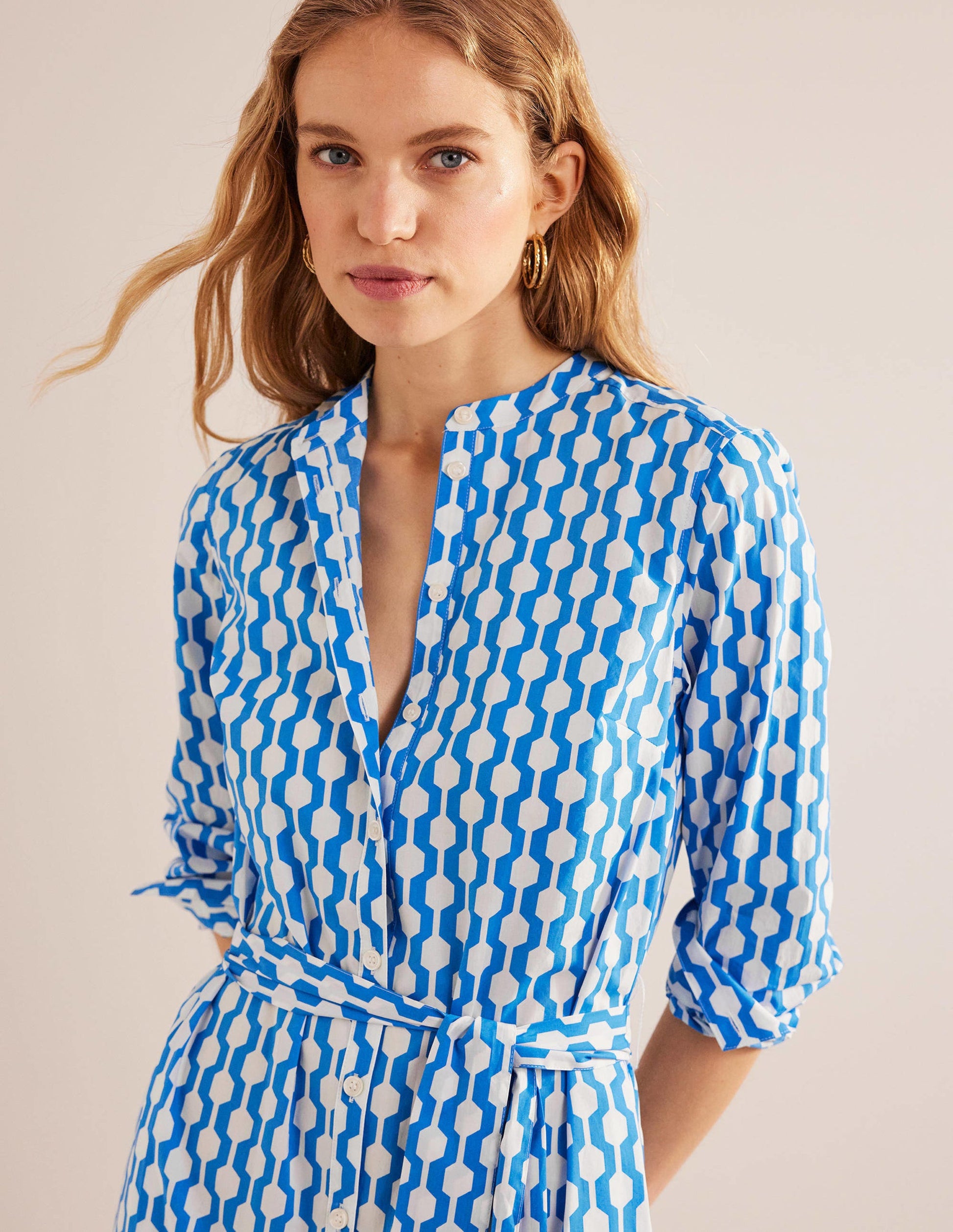Collarless Midi Shirt Dress-Moroccan Blue, Geo Azure-5