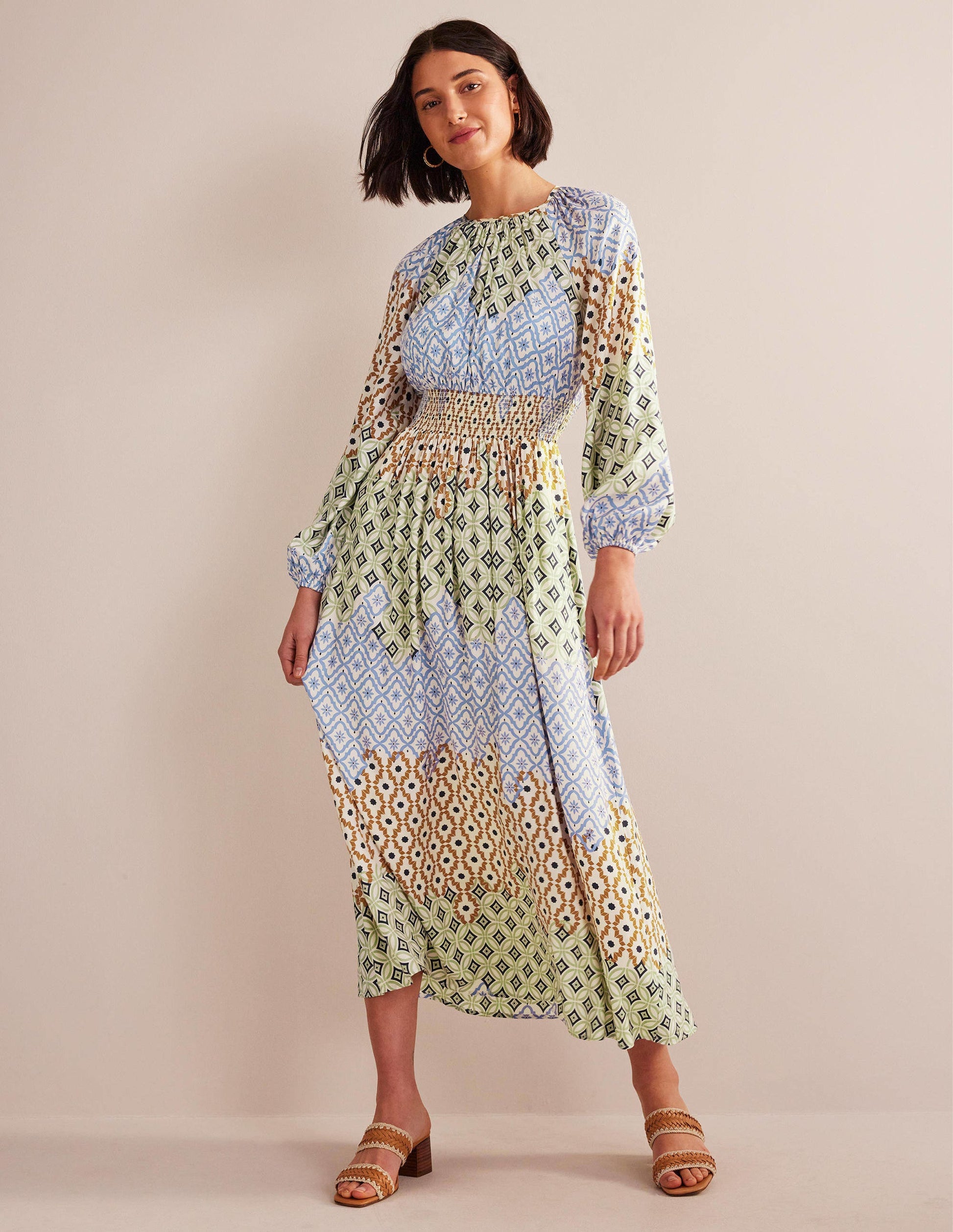 Smocked Waist Maxi Raglan-Multi, Geo Trance-1
