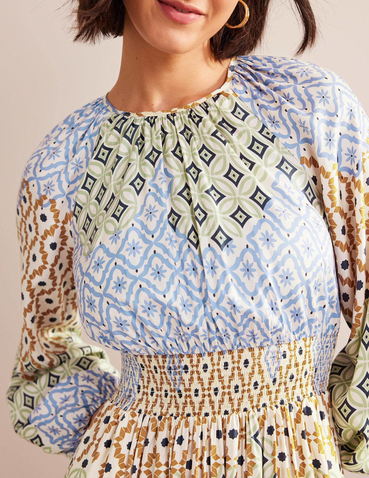 Smocked Waist Maxi Raglan-Multi, Geo Trance-2
