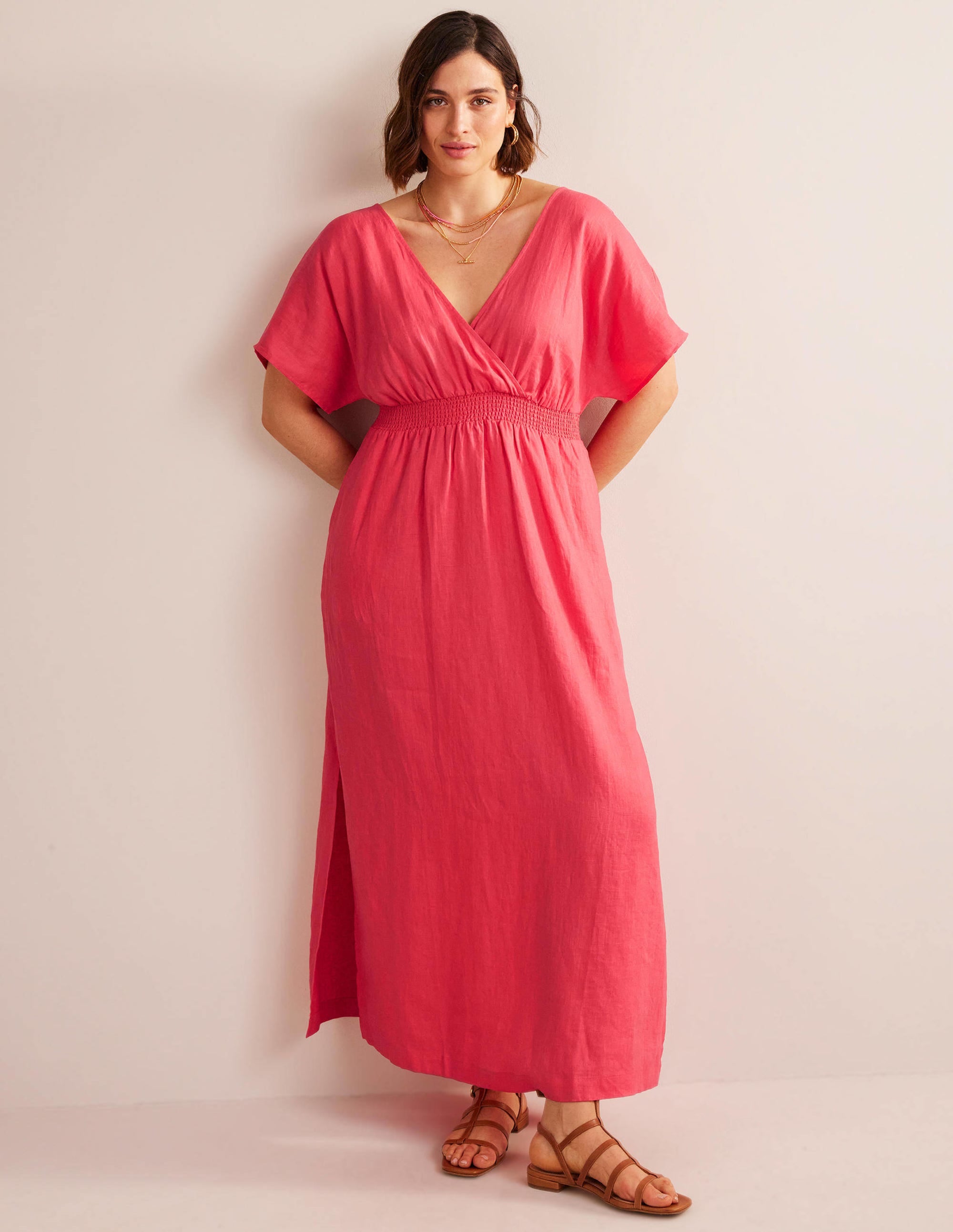 Linen Kaftan Maxi Dress-Coral Sunset - Image 5