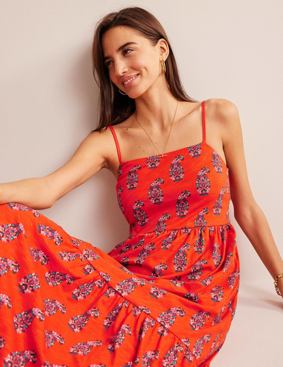Strappy Jersey Midi Dress-Blood Orange, Sweet Paisley-1