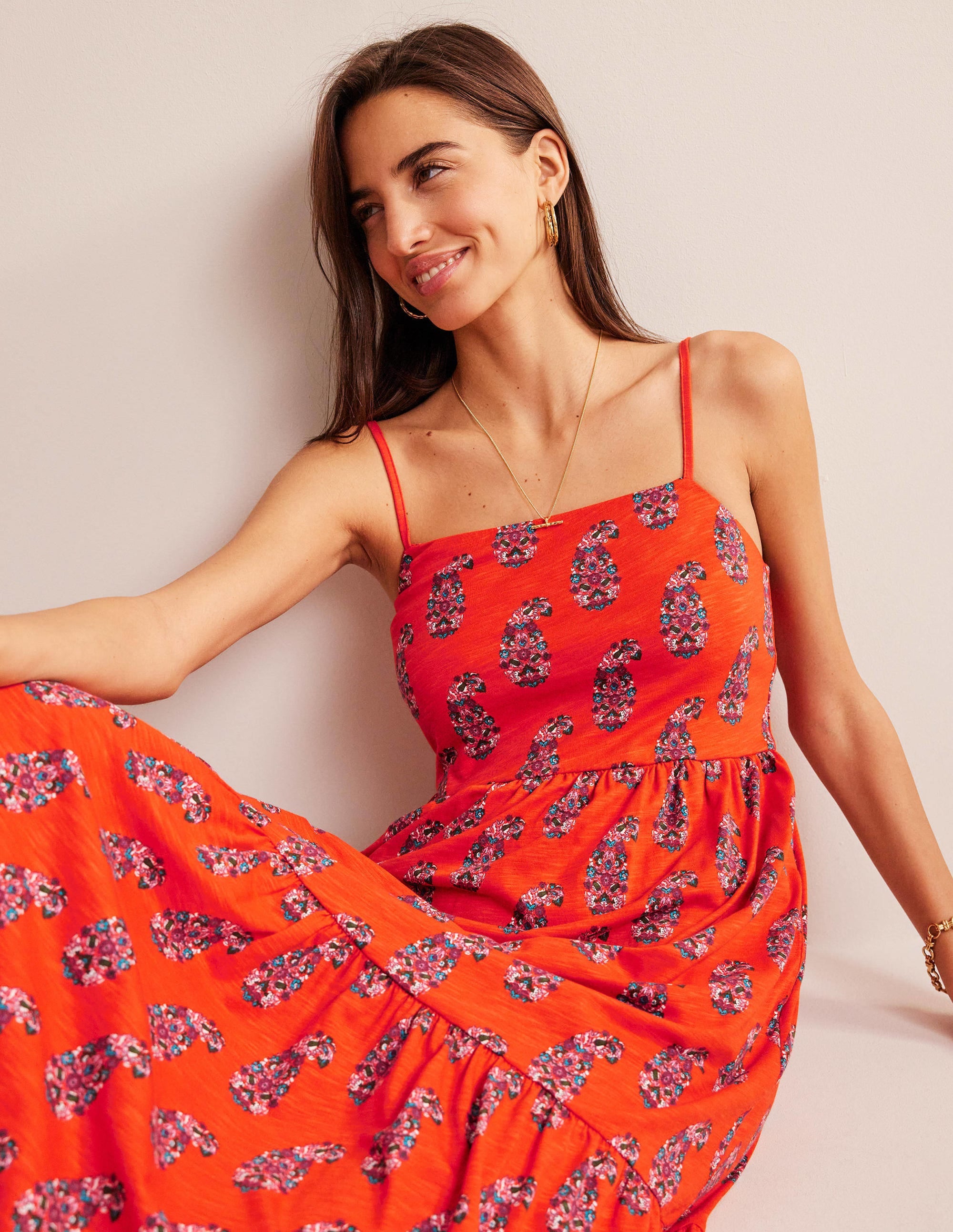 Strappy Jersey Midi Dress-Blood Orange, Sweet Paisley - Image 1