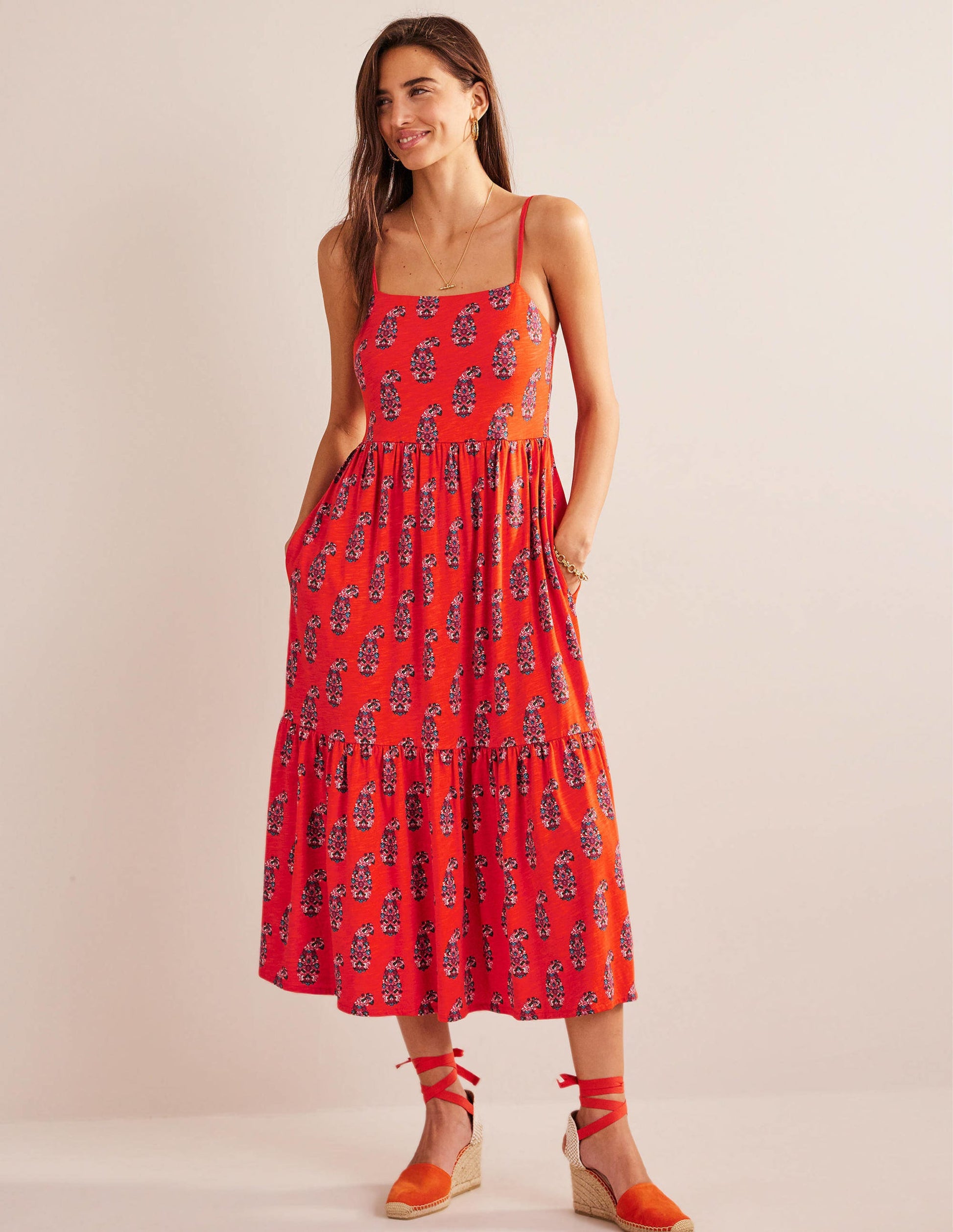 Strappy Jersey Midi Dress-Blood Orange, Sweet Paisley-2