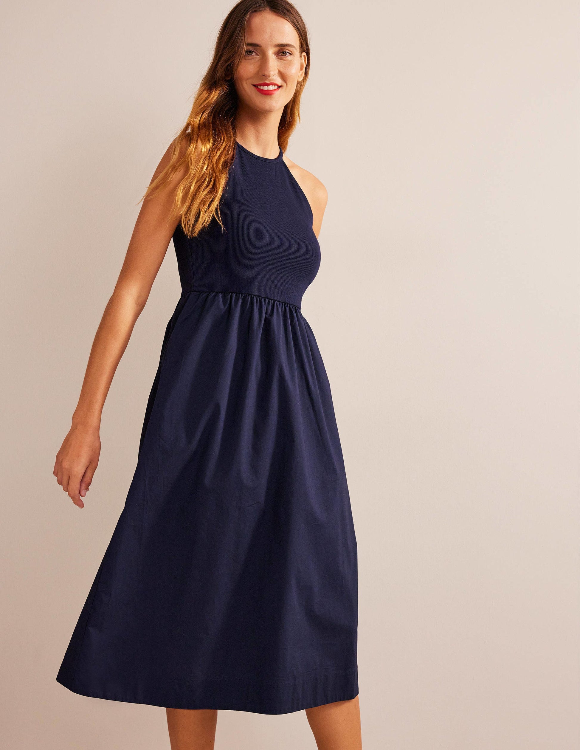 Ribbed Halterneck Midi Dress-Navy-1