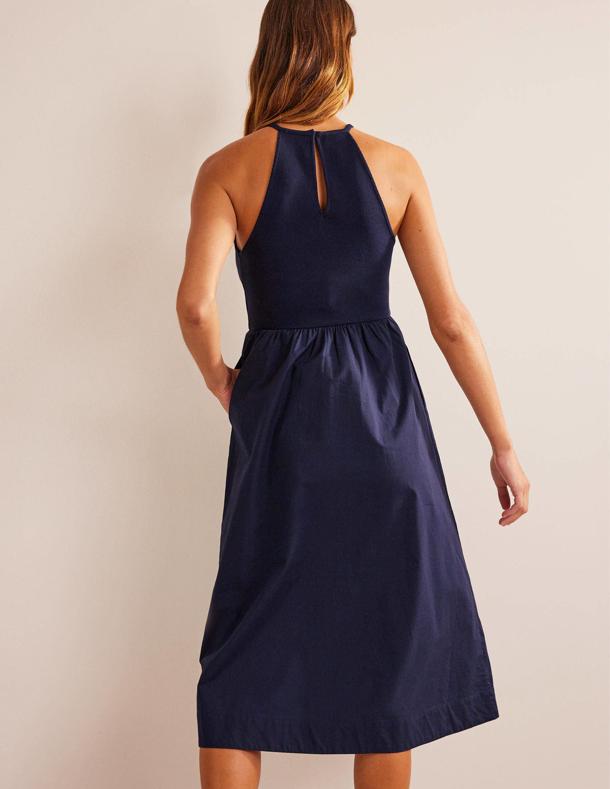 Ribbed Halterneck Midi Dress-Navy - Image 3