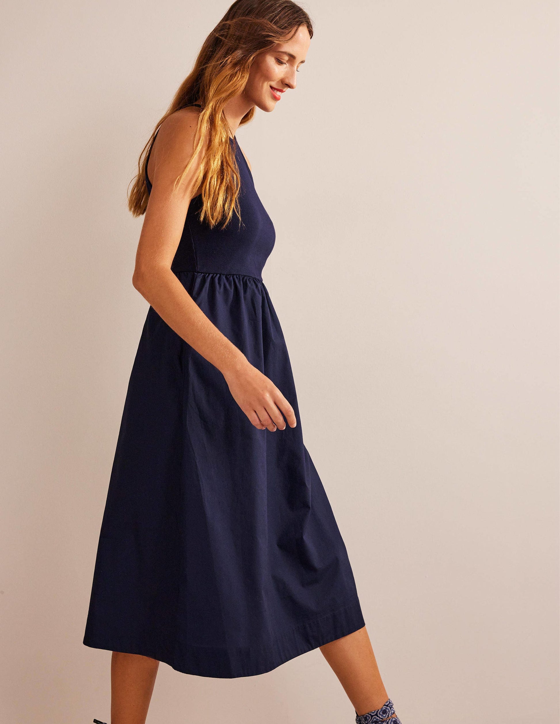 Ribbed Halterneck Midi Dress-Navy-4