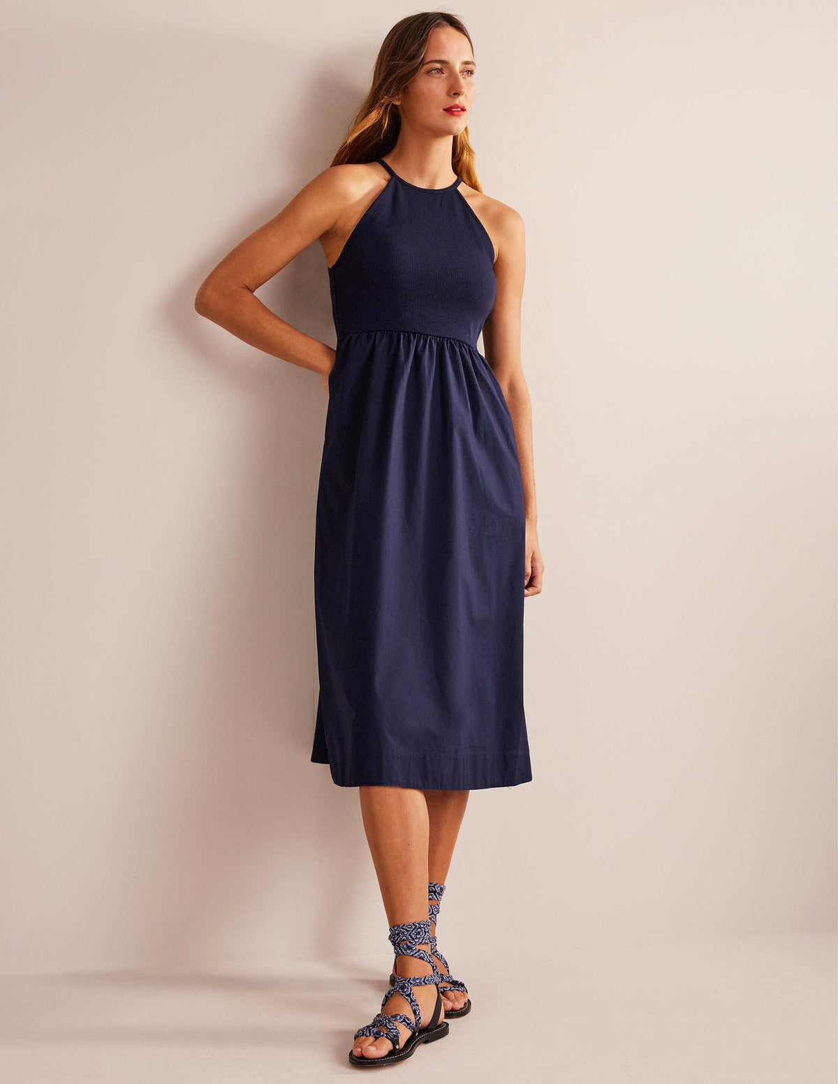 Ribbed Halterneck Midi Dress-Navy-5