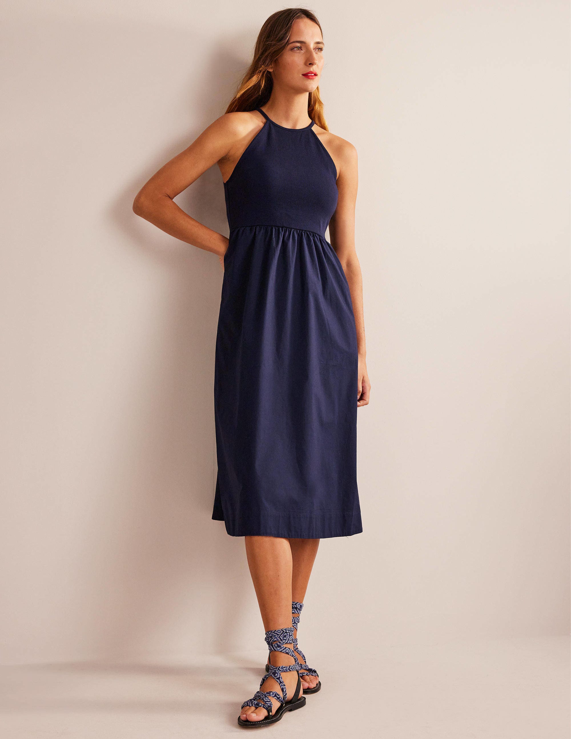 Ribbed Halterneck Midi Dress-Navy - Image 5
