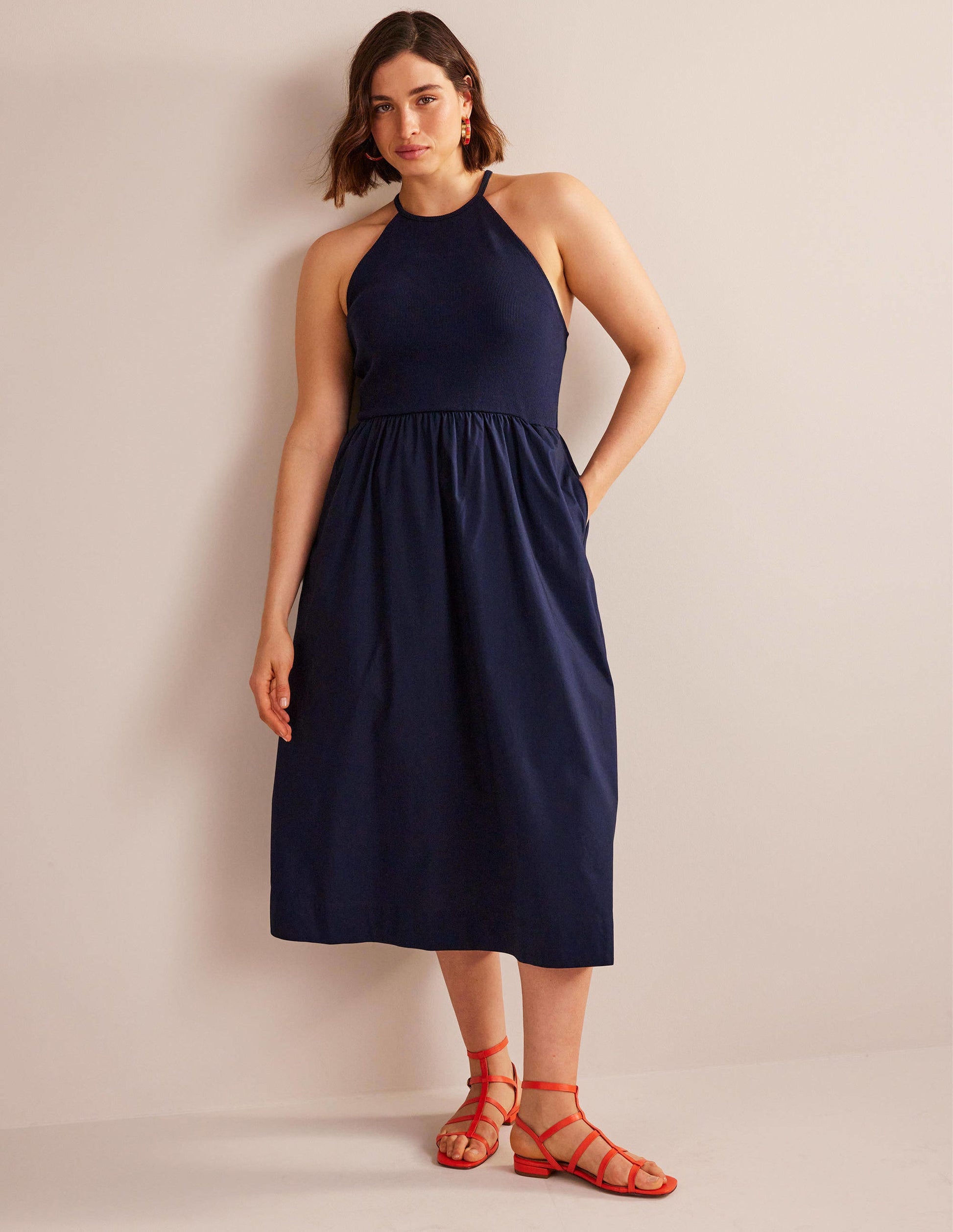 Ribbed Halterneck Midi Dress-Navy-6