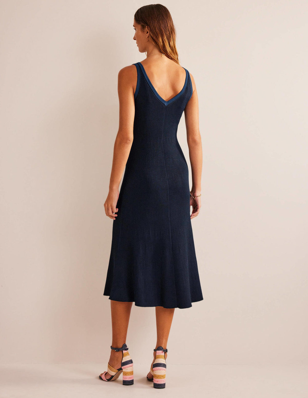 V-Neck Knitted Midi Dress-Navy - Image 3