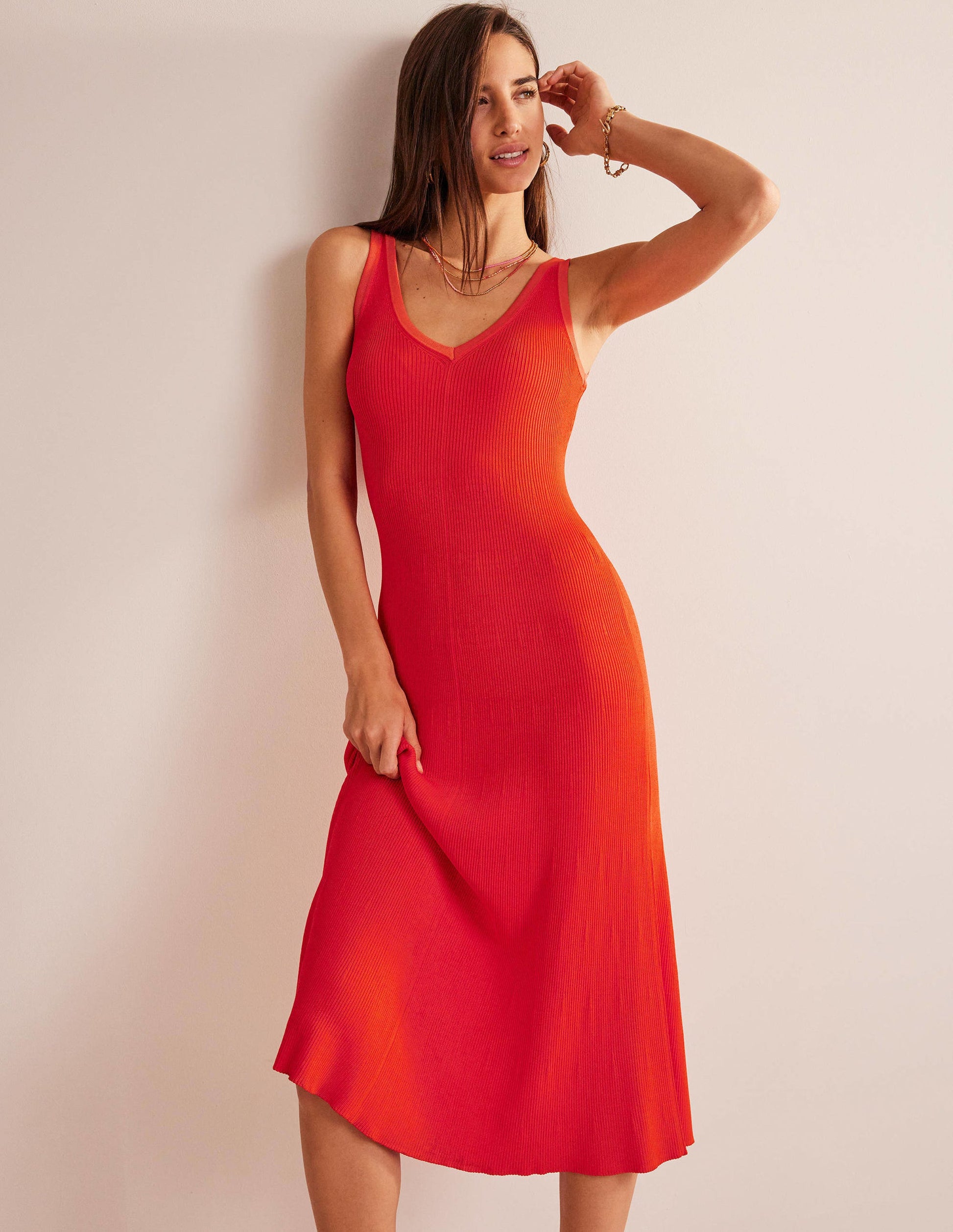 V-Neck Knitted Midi Dress-Blood Orange-1