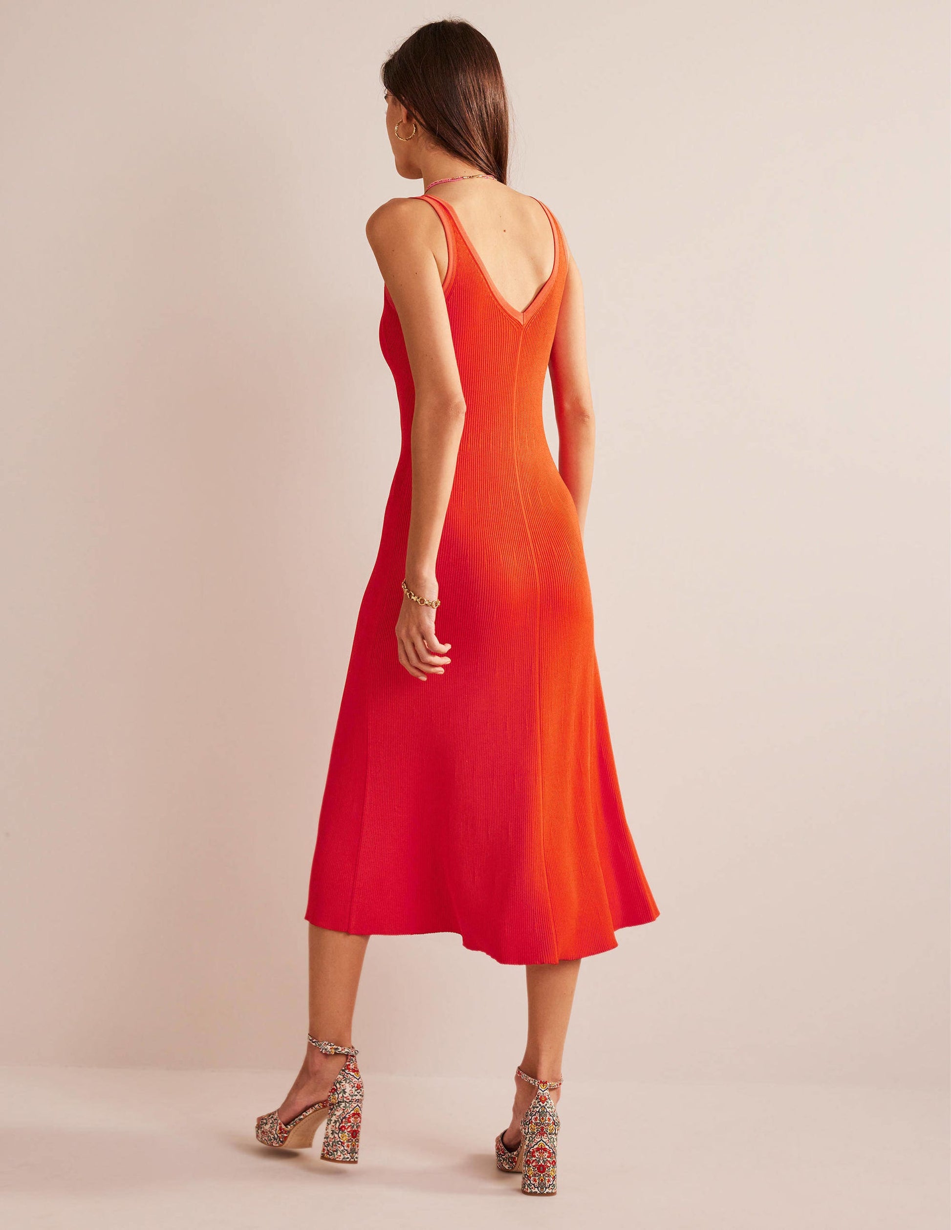 V-Neck Knitted Midi Dress-Blood Orange-3