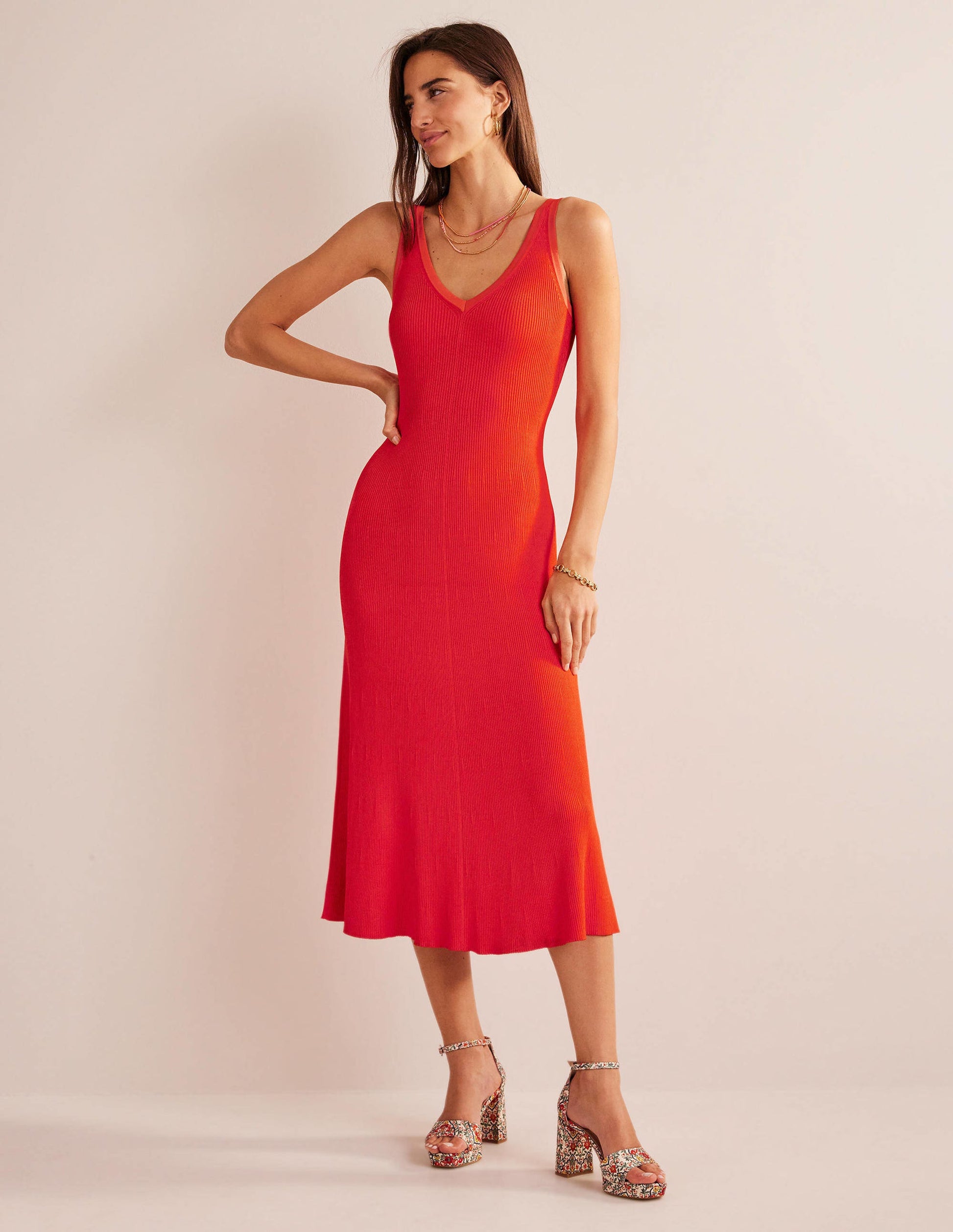 V-Neck Knitted Midi Dress-Blood Orange-4