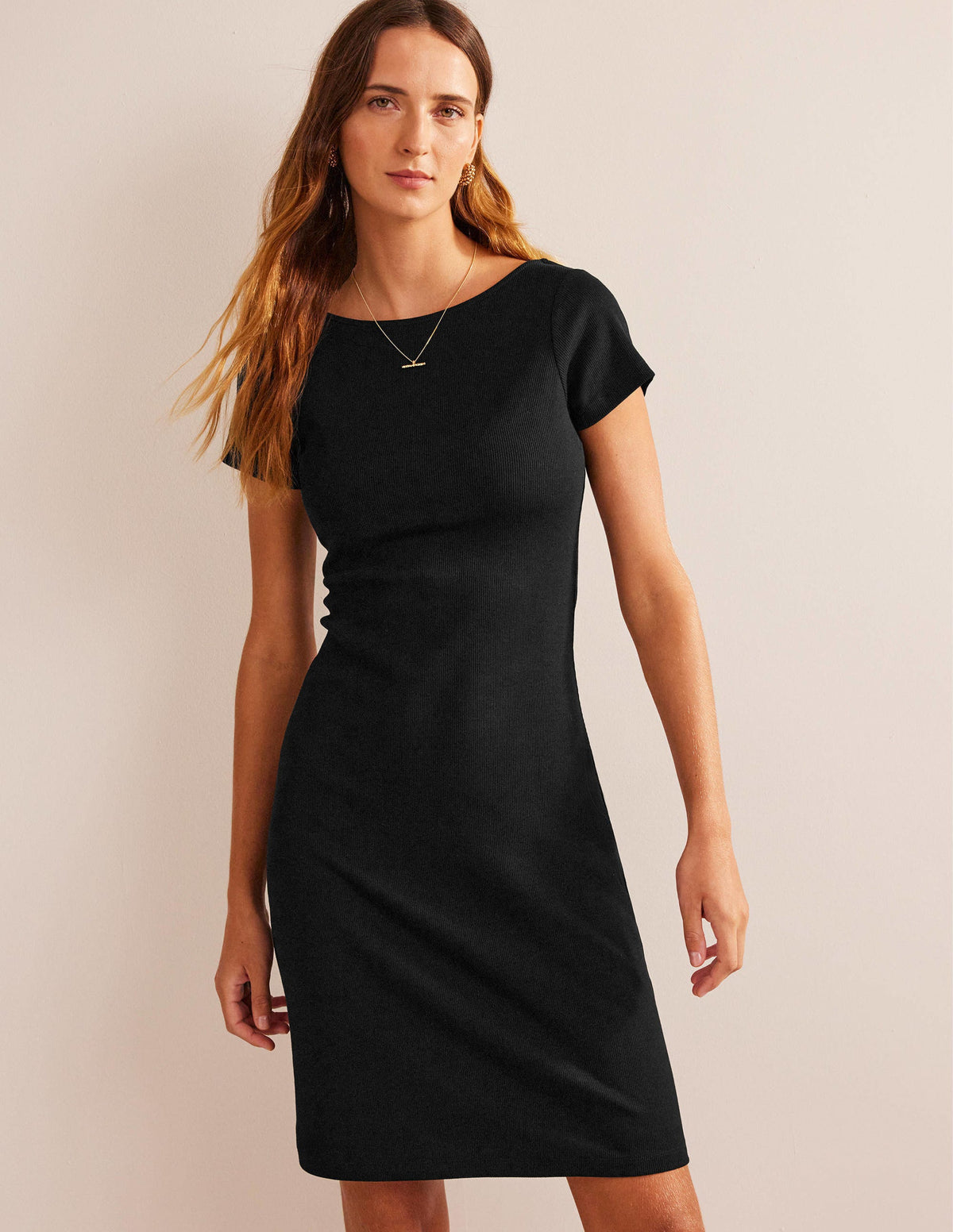 Low-Back Rib Jersey Mini Dress-Black-1