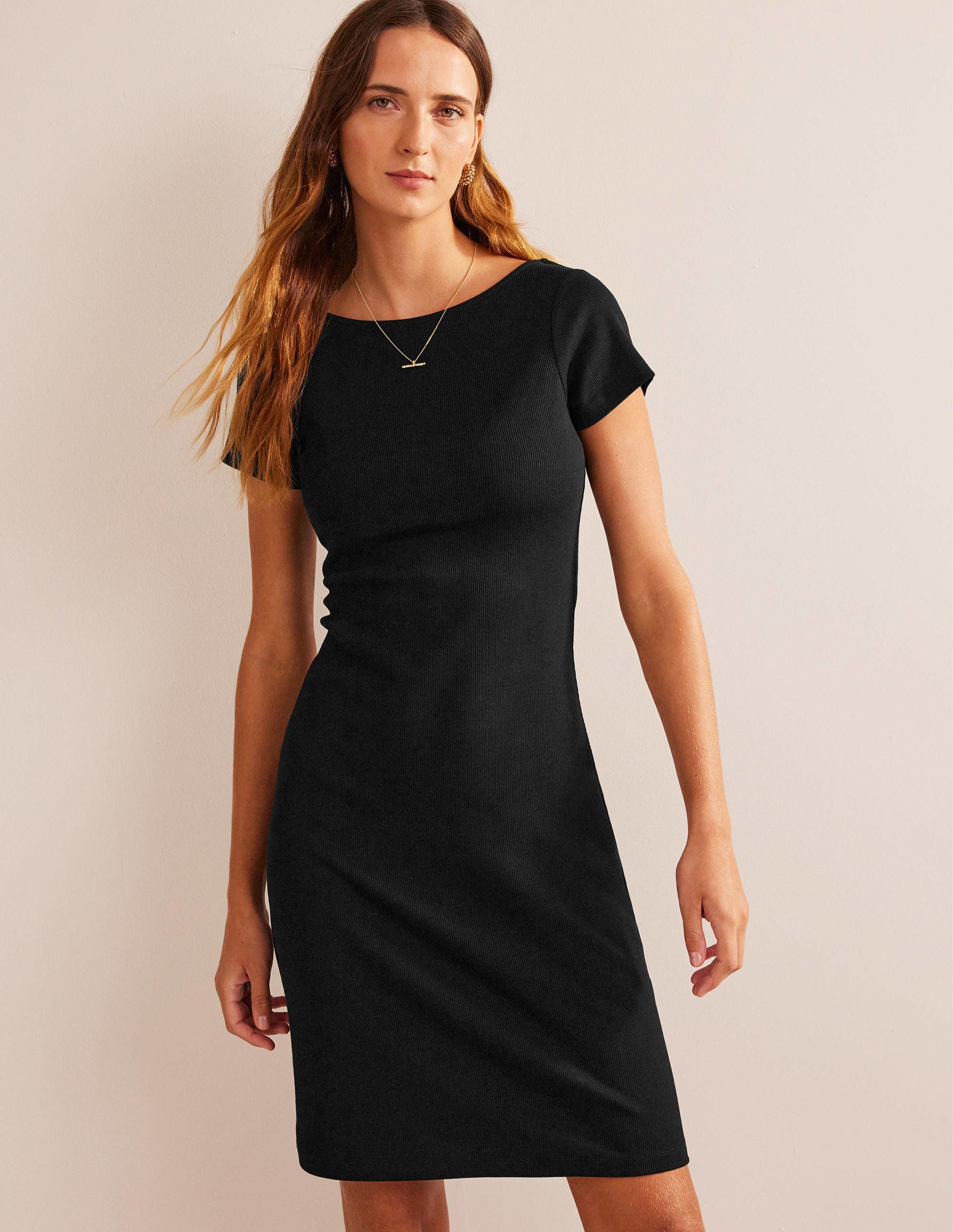 Low-Back Rib Jersey Mini Dress-Black - Image 1