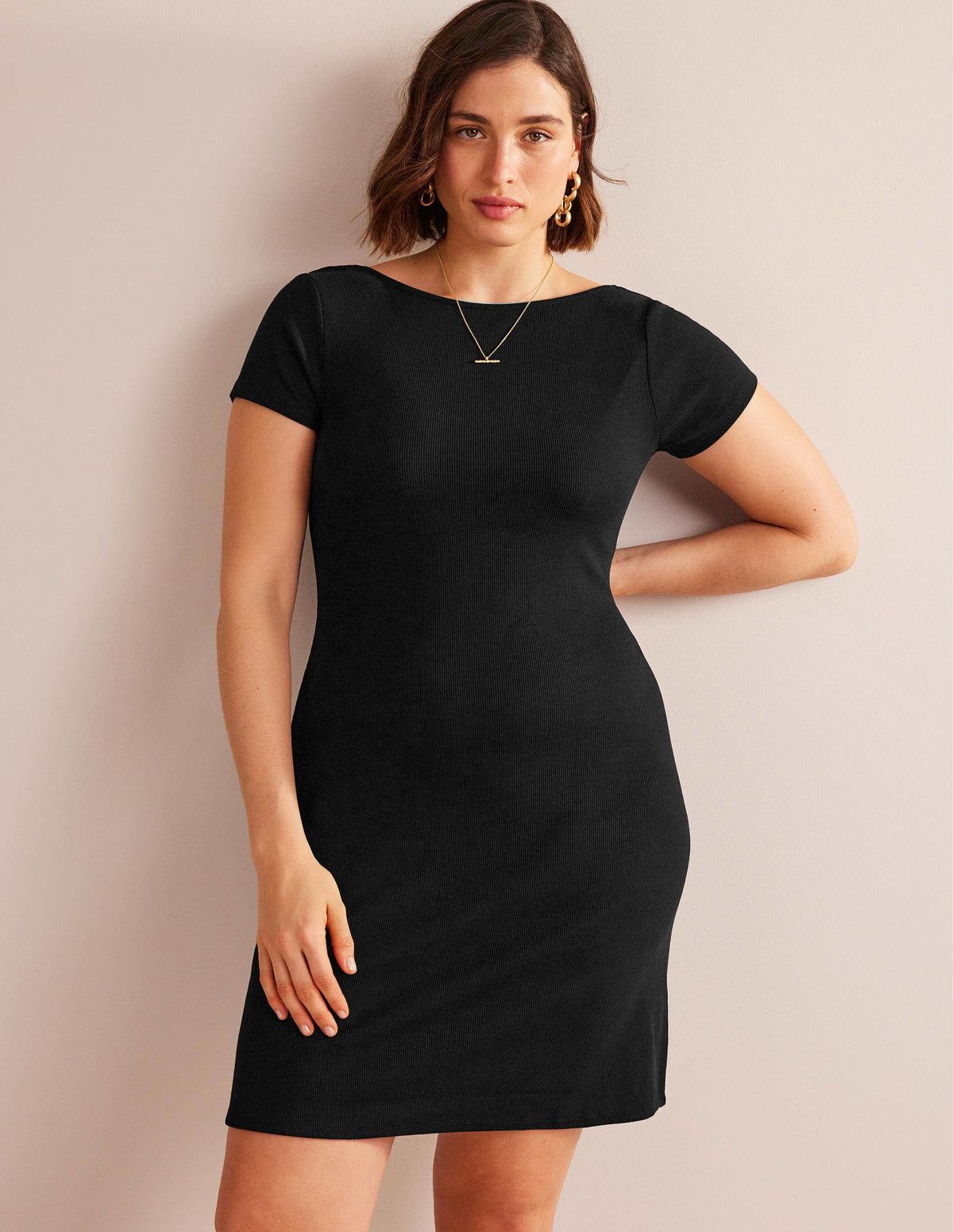 Low-Back Rib Jersey Mini Dress-Black - Image 5