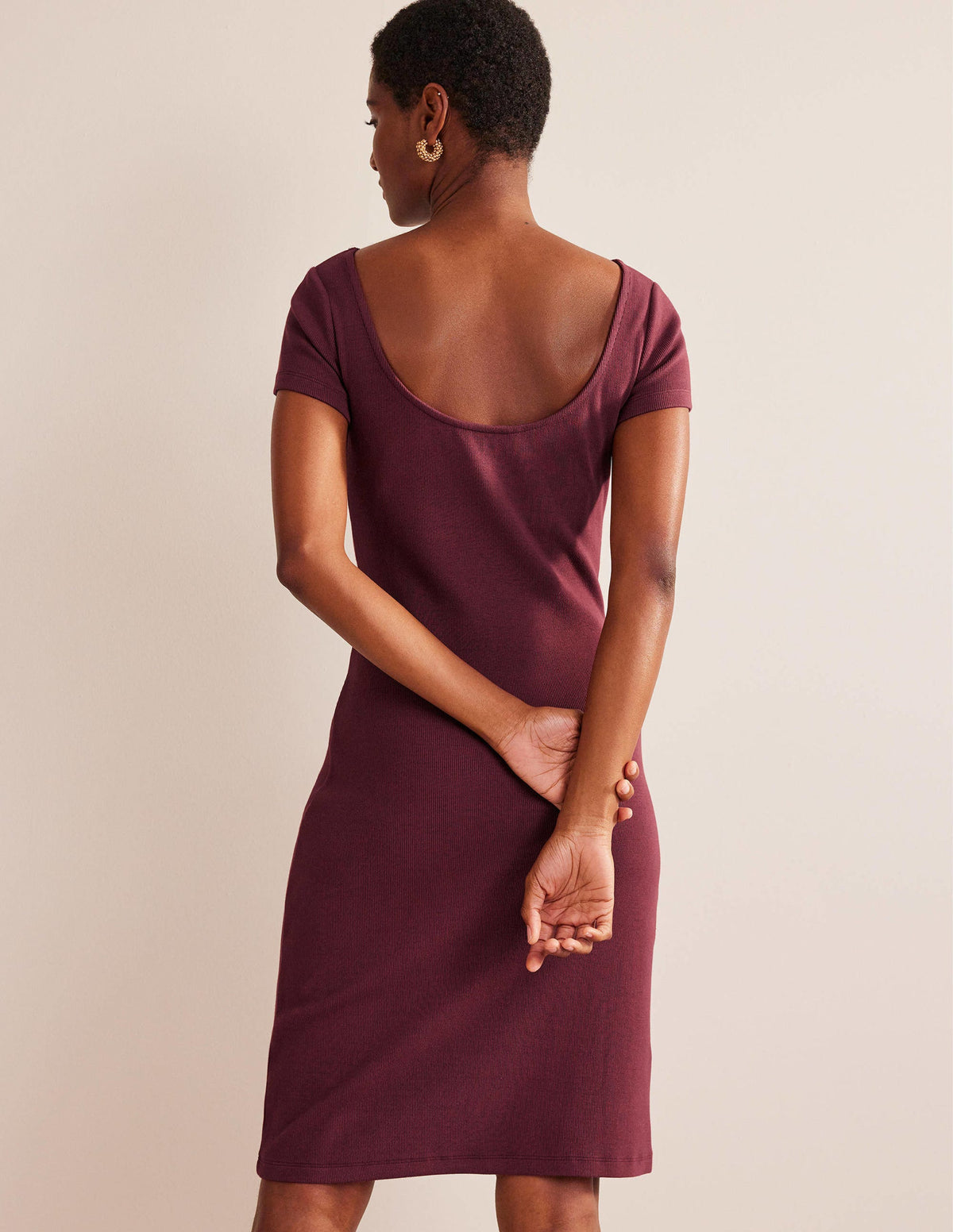 Low-Back Rib Jersey Mini Dress-Dark Burgundy-3