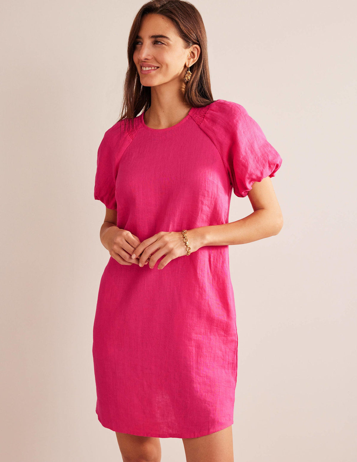 Sleeve Detail Linen Mini Dress-Festival Pink-1